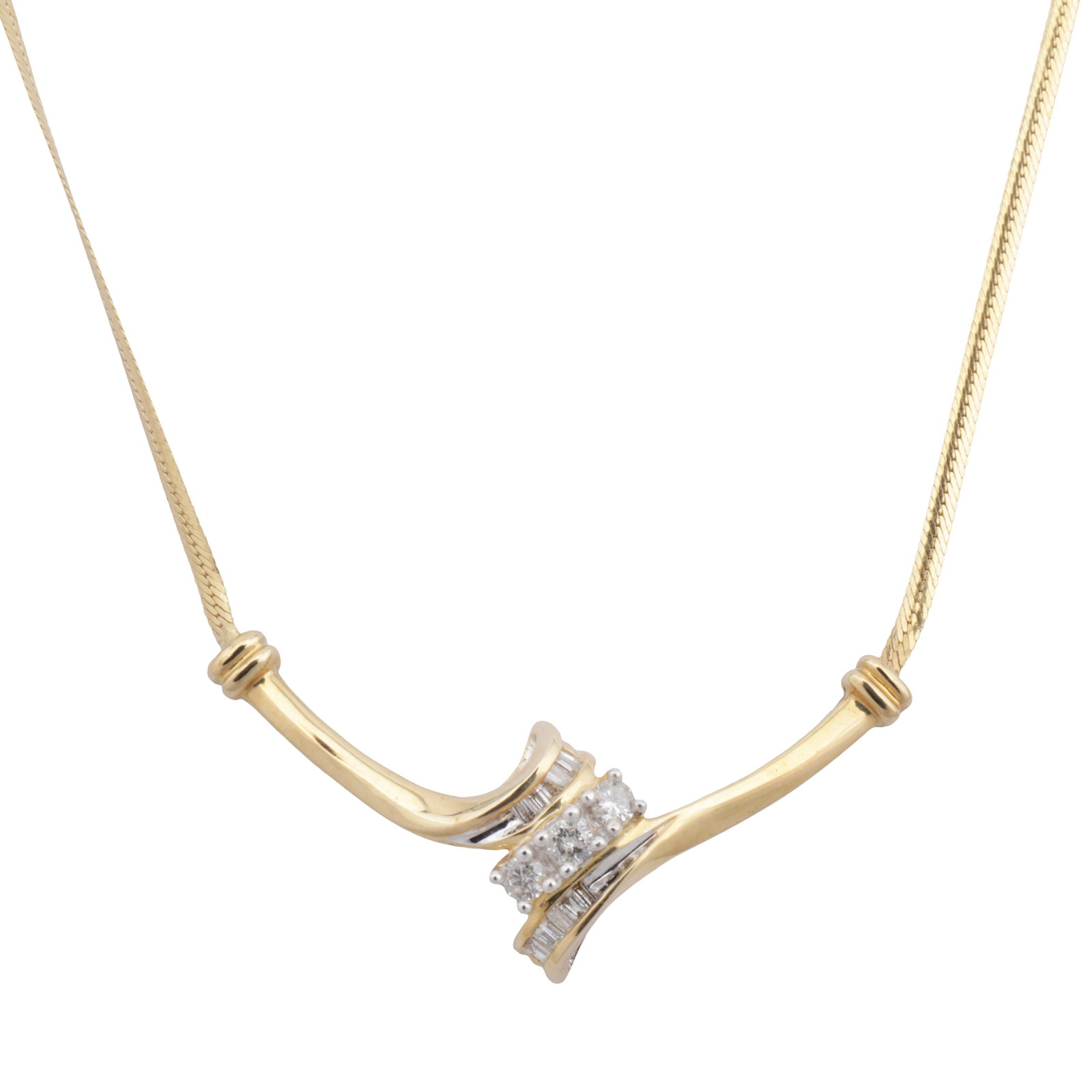 A diamond necklace Yellow metal: A diamond necklace Yellow metal Of polished design, set with brilliant-cut and tapered-baguette cut diamonds, to a herringbone chain necklace, lobster clasp, diamonds approx. 0.30 carat total,