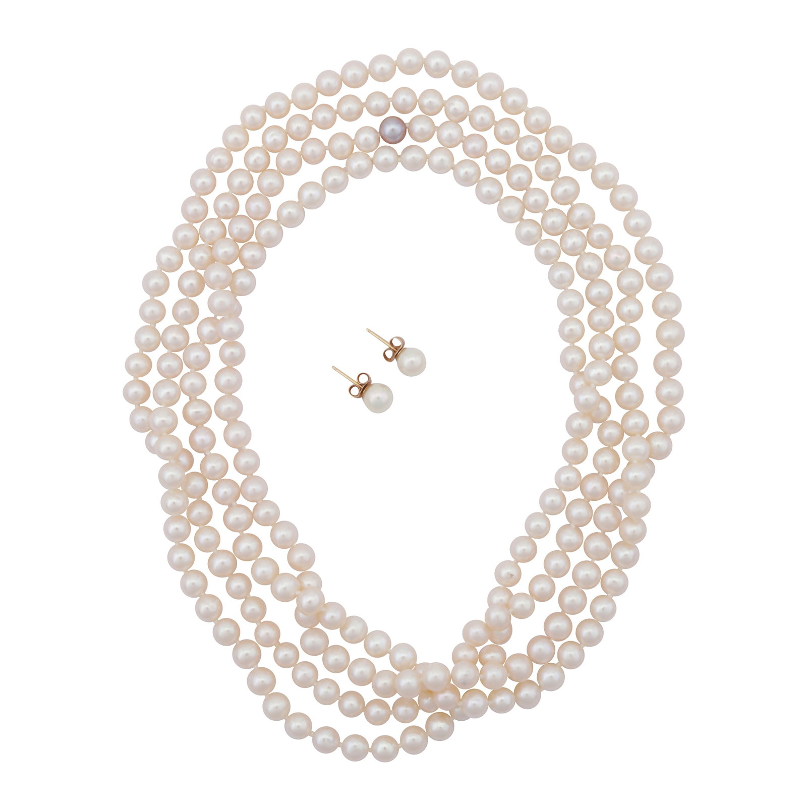 A long strand pearl necklace and earrings suite Yellow metal: A long strand pearl necklace and earrings suite Yellow metal The pearl strand set with 6.0-6.3mm round and near-round pearls of white tint and a single purple pearl, together with a pair of stud