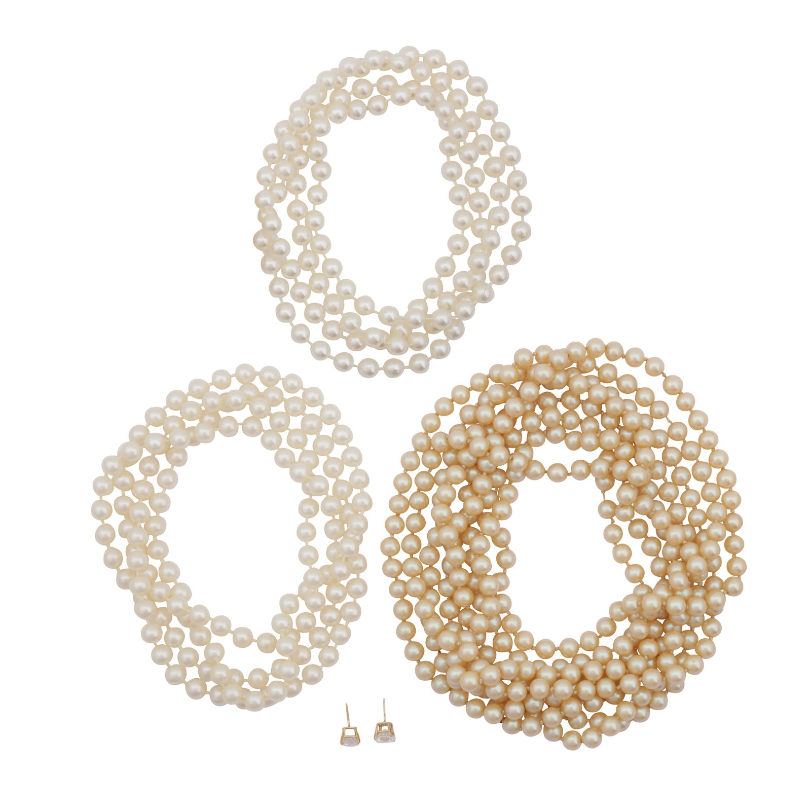 A pair of earrings and three pearl imitation necklaces Yellow metal: A pair of earrings and three pearl imitation necklaces Yellow metal To include a pair of paste stud earrings, stamped 14K, post fittings (no backs), with three pearl imitation necklaces, various