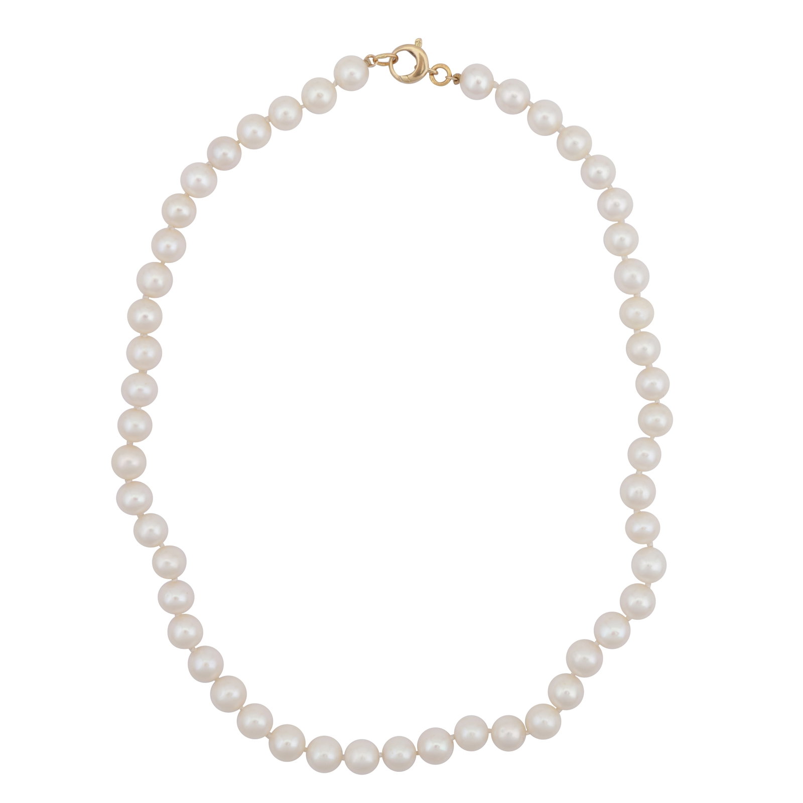 A single strand pearl necklace Yellow metal: A single strand pearl necklace Yellow metal Set with 7.7-8.5mm round and near-round pearls of white tint, to a rounded lobster clasp, stamped 750, length 45.0cm