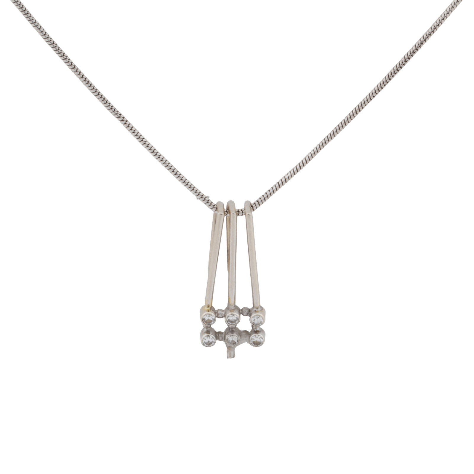 A white sapphire pendant necklace White metal: A white sapphire pendant necklace White metal Collet-set with circular-cut white sapphires bezel set in a pierced pendant, suspended from a snake-link chain with spring-ring clasp, stamped CZ-585,