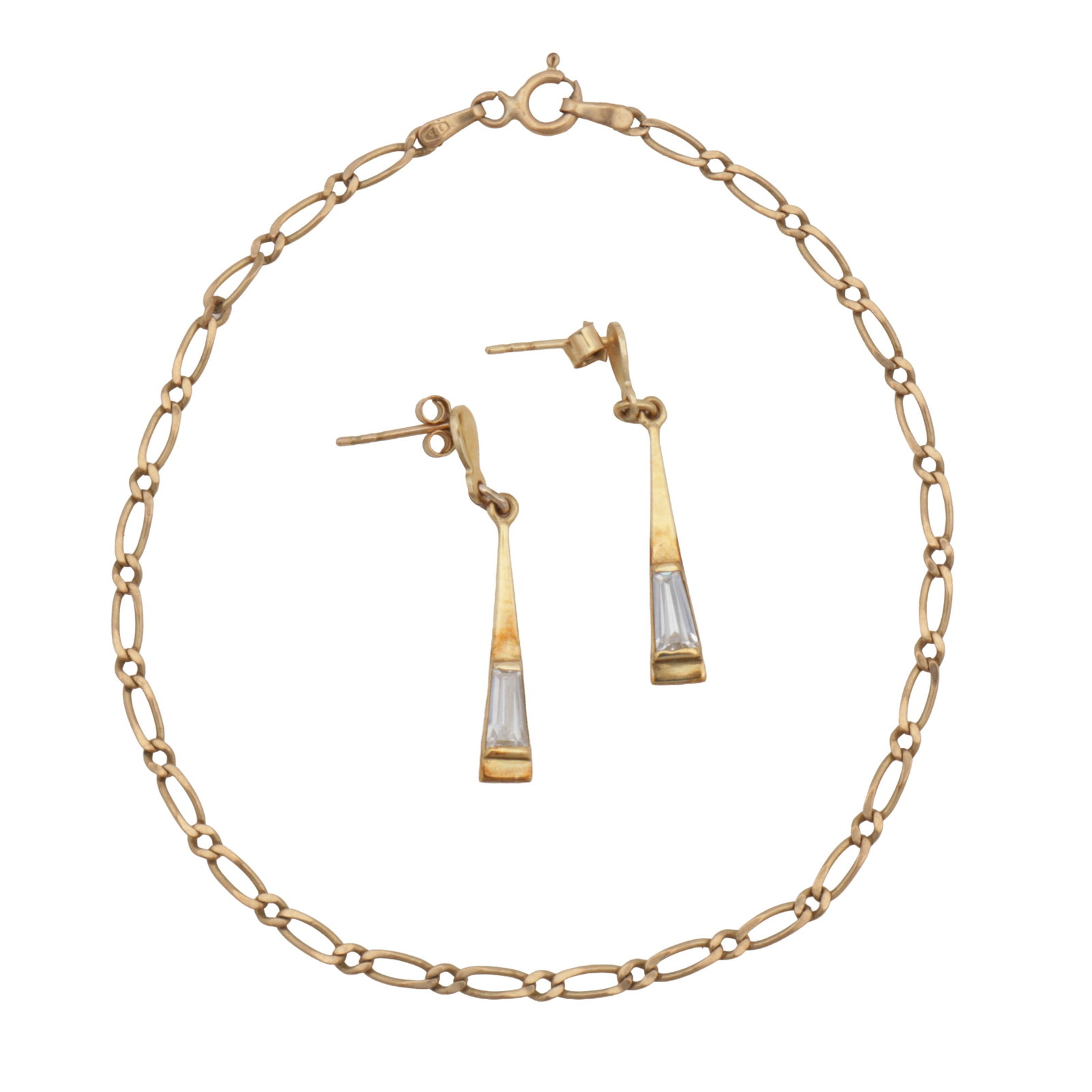 A bracelet and a pair of earrings Yellow metal: A bracelet and a pair of earrings Yellow metal To include a fancy curb-link chain bracelet, to a bolt ring clasp, set in 9ct yellow gold, with maker's mark and UK hallmark, length 9.8cm; together