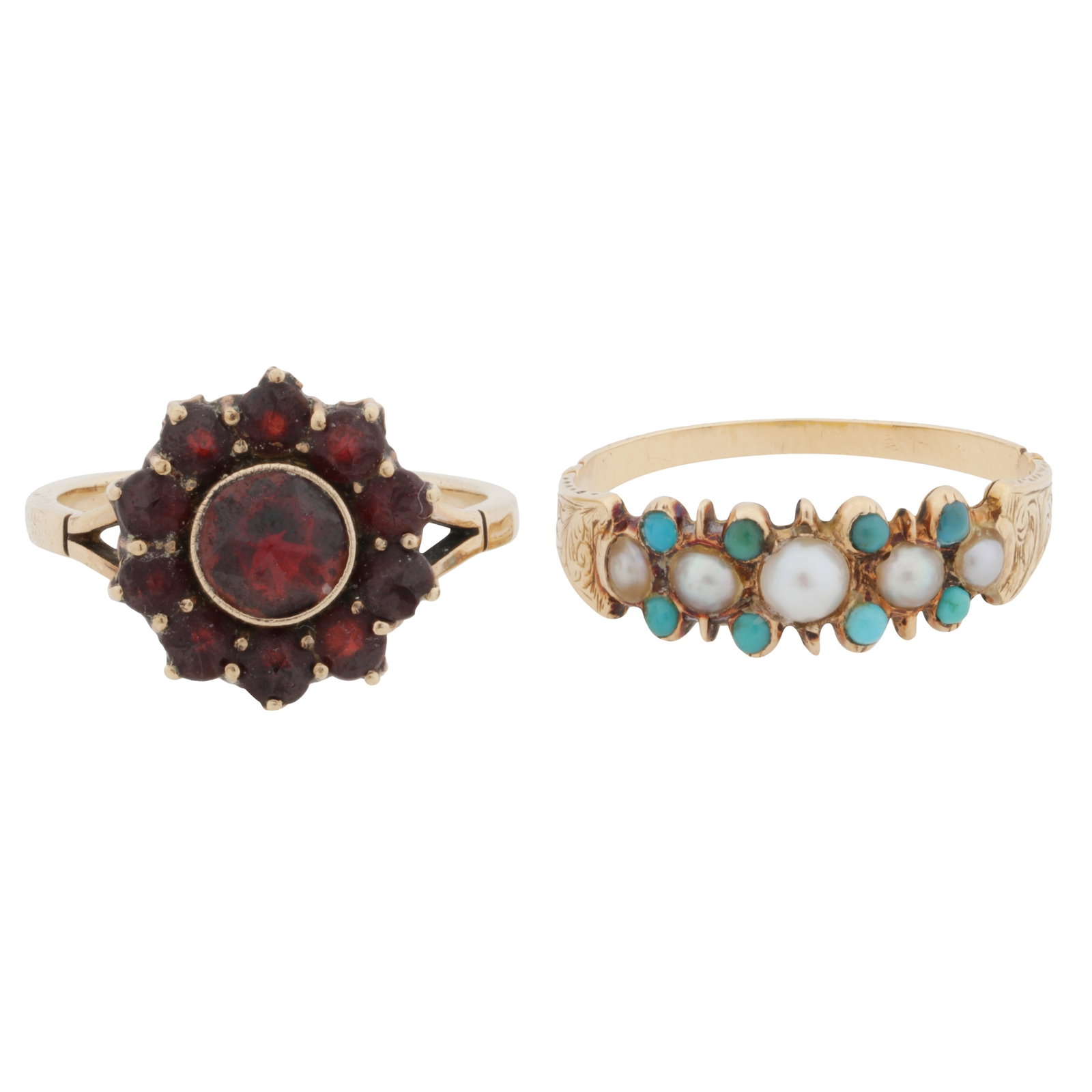 Two gem-set rings Yellow metal: Two gem-set rings Yellow metal Including a half pearl and turquoise ring, set in yellow metal, unmarked, ring size M; and a garnet flowerhead ring, set in yellow metal, unmarked, ring size K (2)