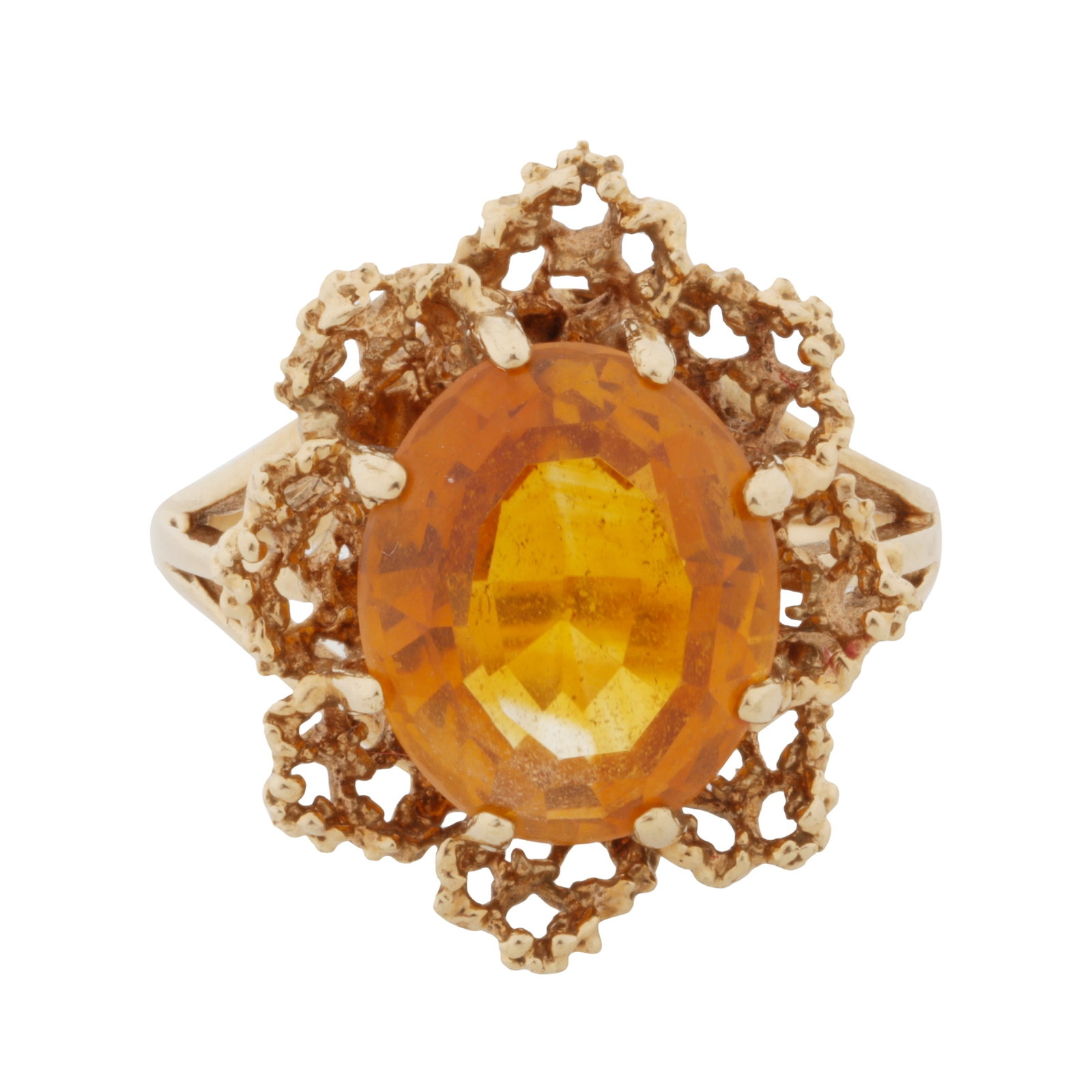 A citrine single stone ring 9ct yellow gold: A citrine single stone ring 9ct yellow gold Of flower design, claw-set with an oval-cut citrine, to trifurcated shoulders, maker's mark, UK hallmark, ring size N
