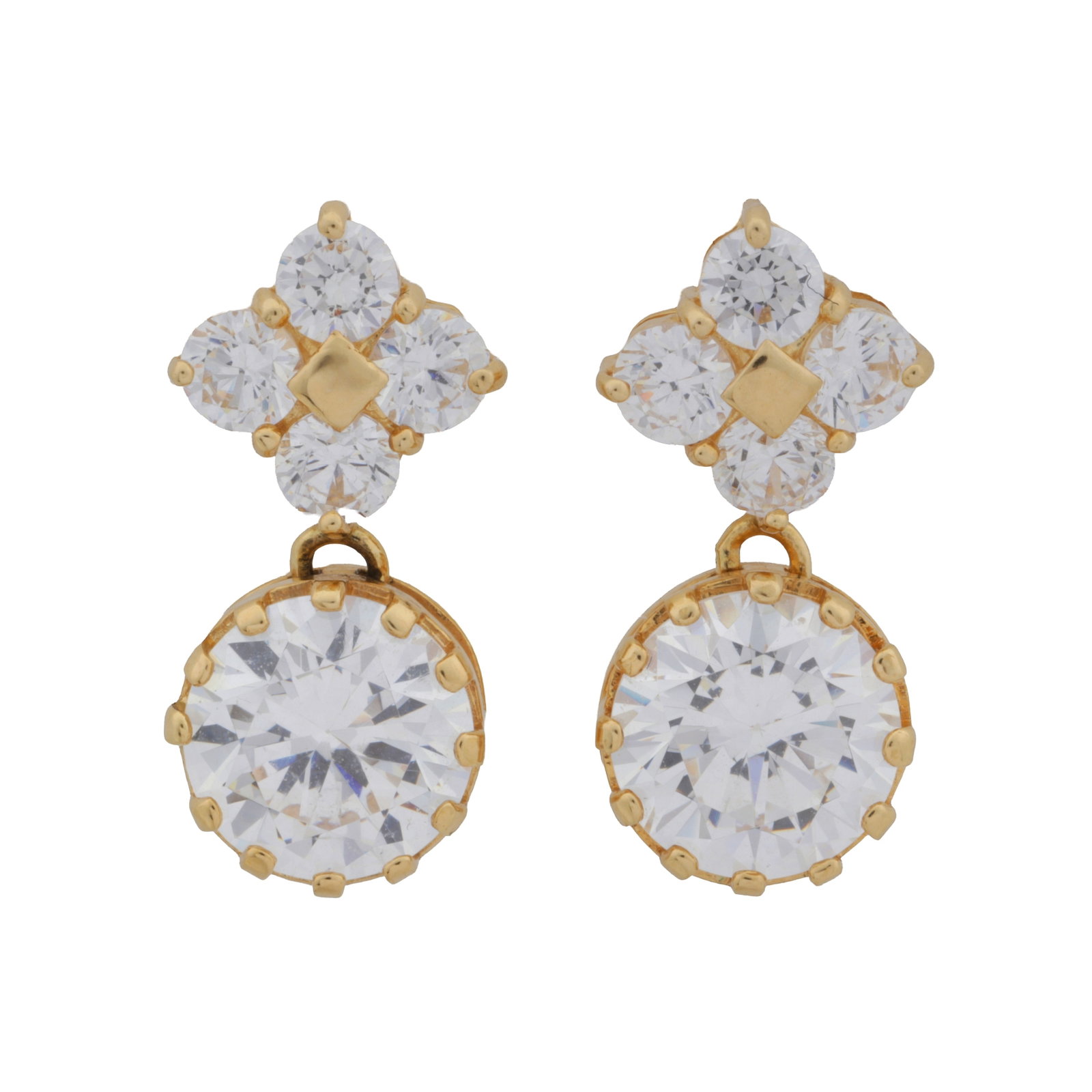 A pair of cubic zirconia pendent earrings Yellow metal: A pair of cubic zirconia pendent earrings Yellow metal Set with circular-cut cubic zirconia, post and butterfly fittings, stamped 14K, length 1.5cm