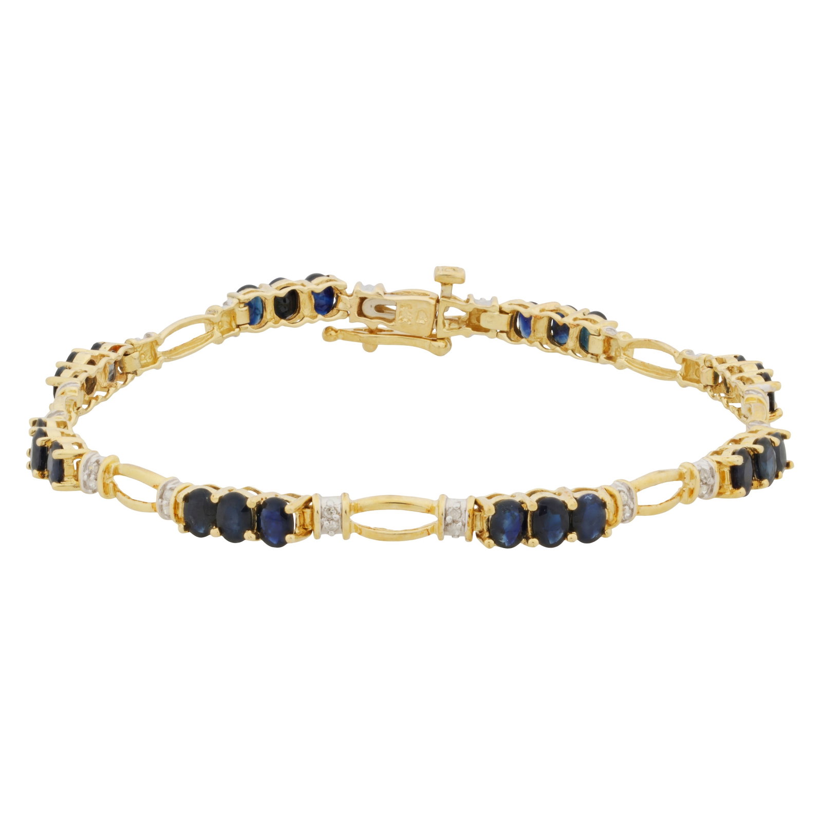 A sapphire and diamond bracelet Yellow and white metal: A sapphire and diamond bracelet Yellow and white metal Of articulated openwork design, claw-set with oval-cut sapphires, accented by single-cut diamonds, concealed box clasp and safety catch, stamped