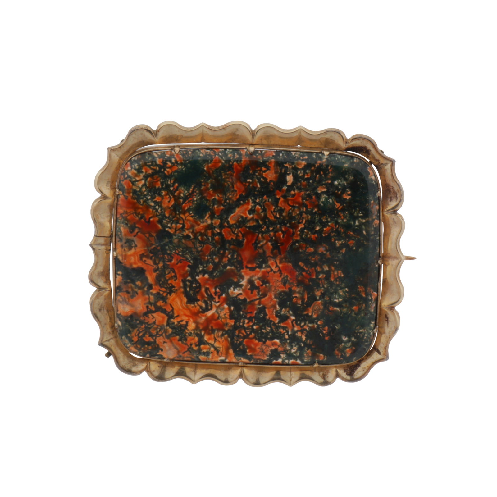 A bloodstone brooch Yellow metal: A bloodstone brooch Yellow metal Of rectangular design, set with a bloodstone slab, to a textured border, pin, unmarked, size 3.5 x 3.0cm The item has been XRF tested and found to be 9ct gold.