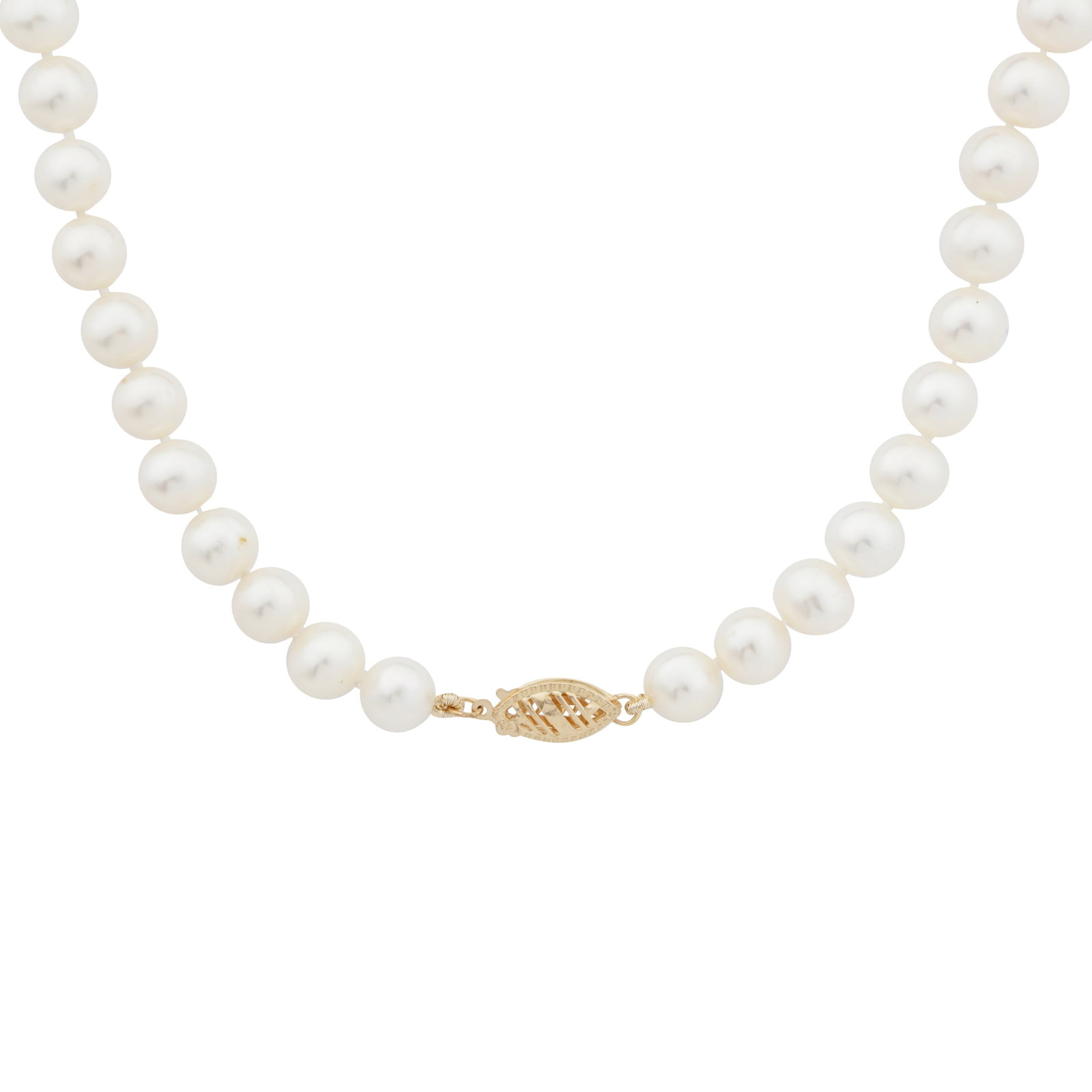 A single strand pearl necklace Yellow metal: A single strand pearl necklace Yellow metal Set with 6.8-7.6mm round and near-round cultured pearls of white tint, to a fish hook clasp, stamped 10K, length 41.0cm