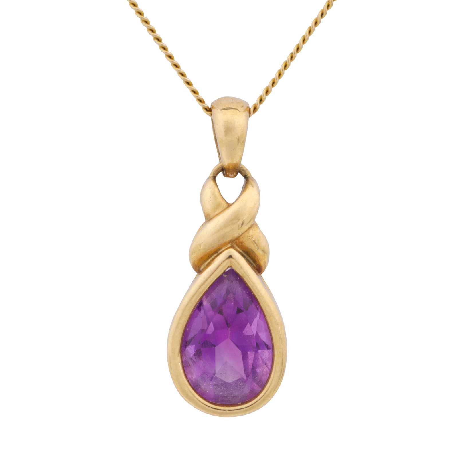 An amethyst pendant necklace: An amethyst pendant necklace The collet-set oval-cut amethyst, suspended from a fine curb link chain both set in 9 carat gold, UK hallmark, lengths: chain 45.0cm, pendant 2.1cm