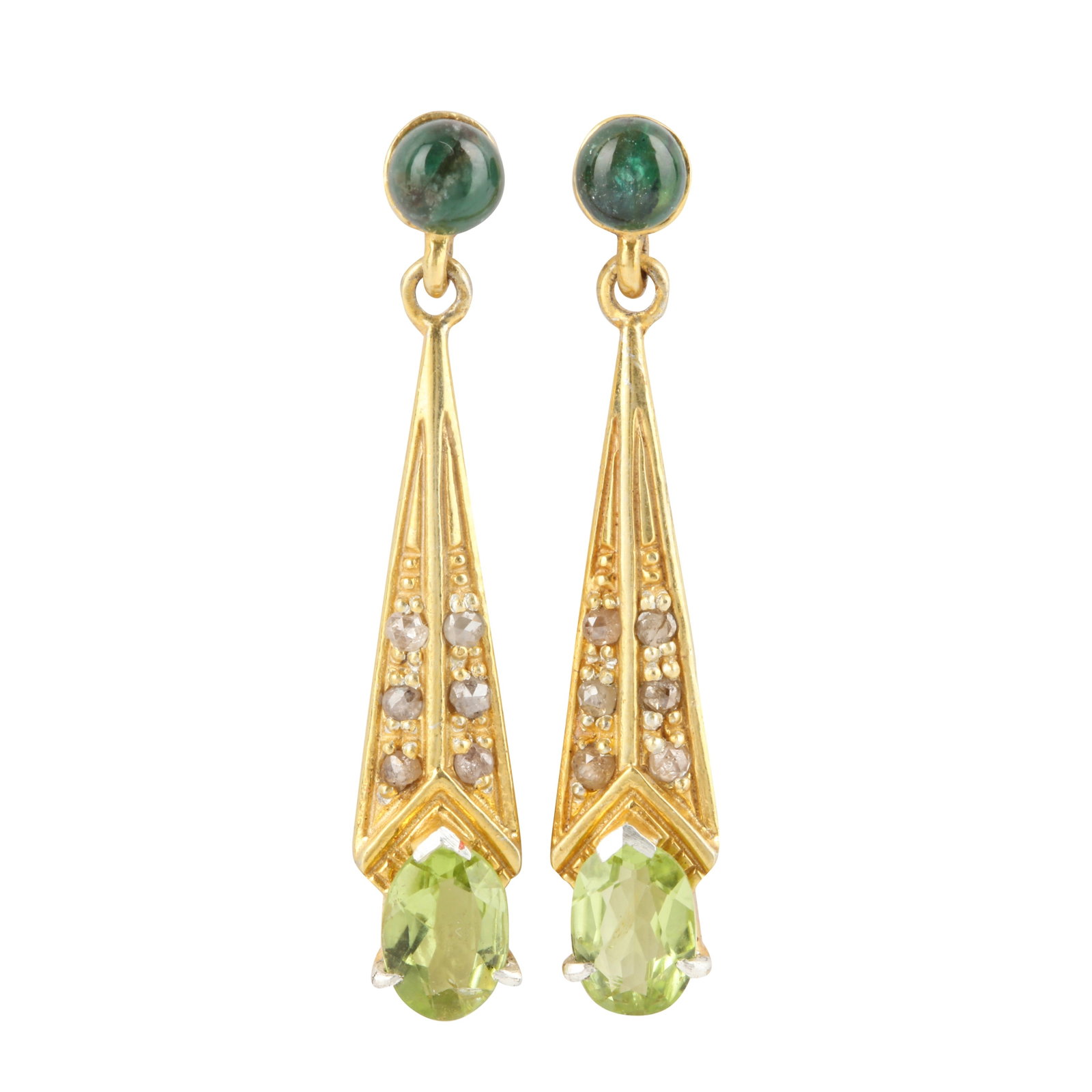 A pair of peridot, aventurine, and diamond pendent earrings Yellow metal: A pair of peridot, aventurine, and diamond pendent earrings Yellow metal Of elongated design, each set with an oval-cut peridot, an aventurine cabochon, and rose-cut diamonds, post and butterfly