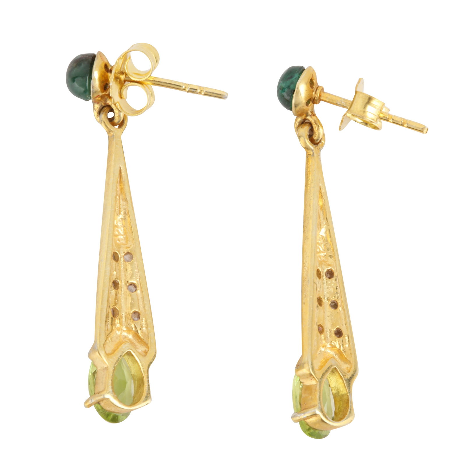 A pair of peridot, aventurine, and diamond pendent earrings Yellow metal - 2