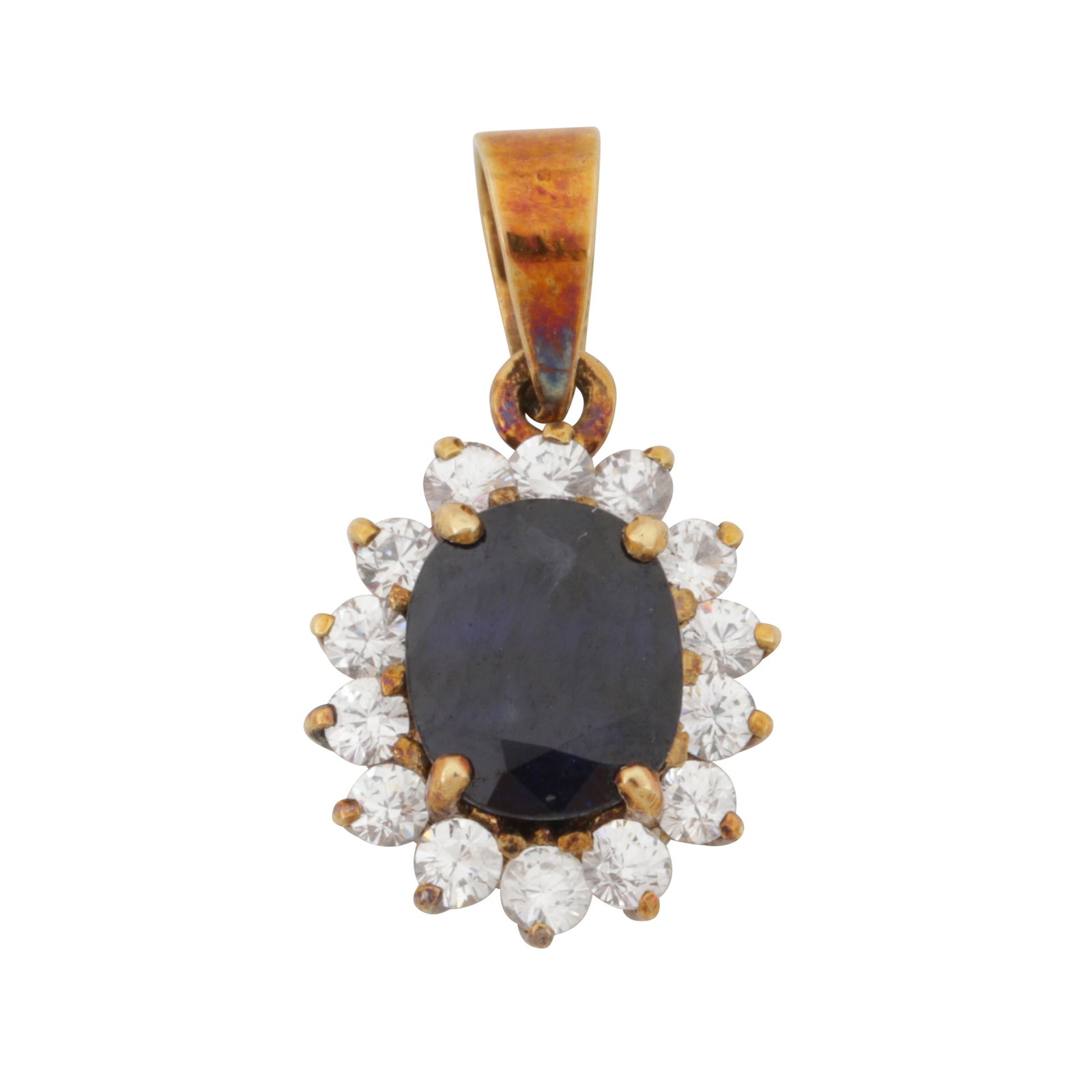 A sapphire and diamond halo pendant Yellow metal: A sapphire and diamond halo pendant Yellow metal Of oval design, centrally set with an oval-cut sapphire, surrounded by brilliant-cut diamonds, stamped 585, length 1.7cm