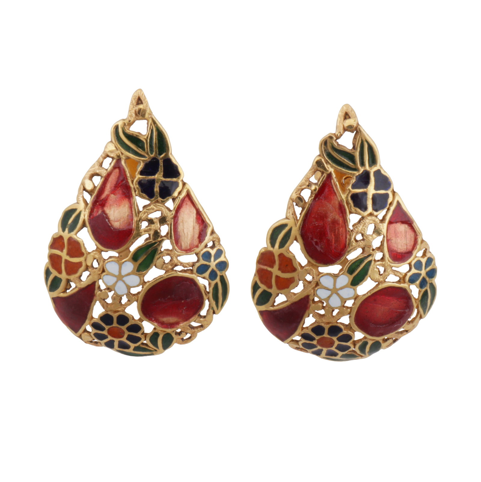 A pair of enamel earrings Yellow metal: A pair of enamel earrings Yellow metal Of drop and pierced design, decorated with coloured enamel throughout, featuring flowers and leaves, post and butterfly fittings, unmarked, length 2.7cm The item