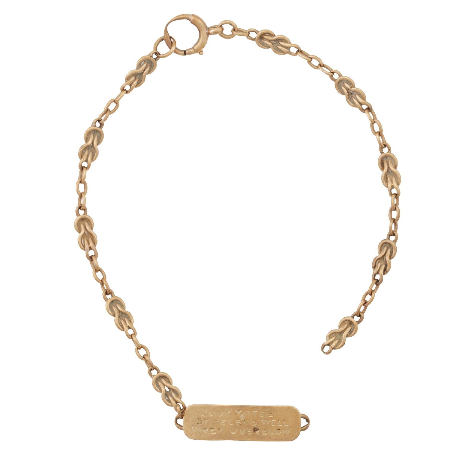 A name tag bracelet Yellow metal: A name tag bracelet Yellow metal The marine-knot chain bracelet (broken), with a dedicated tag name, stamped 9ct, length 19.5cm