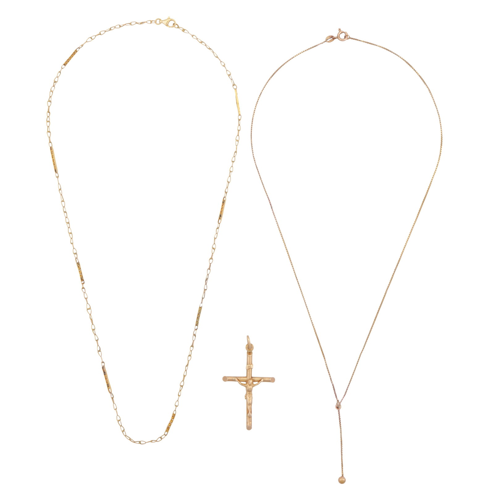 Two necklaces and a crucifix pendant Yellow metal: Two necklaces and a crucifix pendant Yellow metal To include a fancy-link chain necklace with textured bar motifs, stamped 750, a box-link chain pendant necklace, set in 9ct yellow gold, maker's