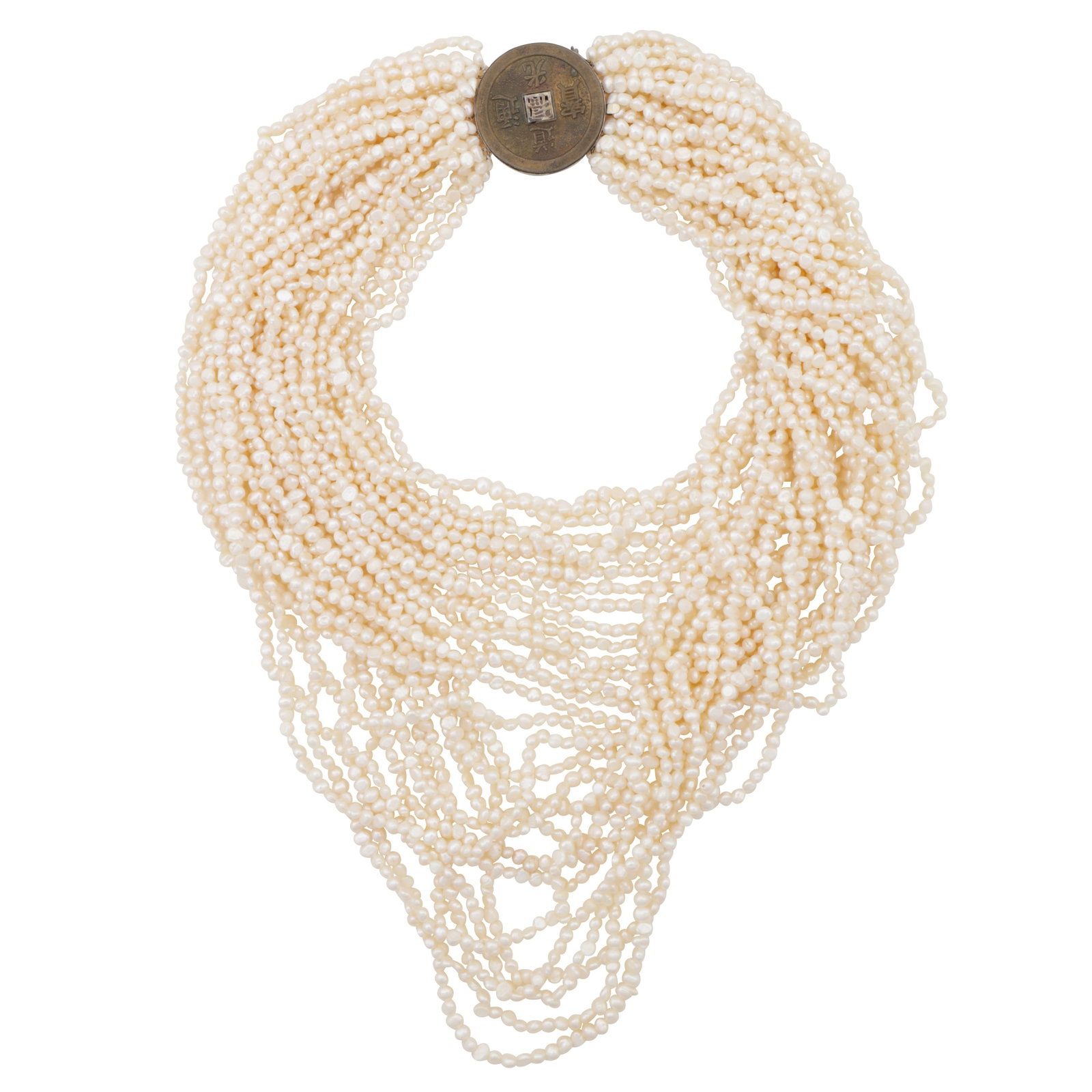 A freshwater multistrand pearl necklace White metal: A freshwater multistrand pearl necklace White metal The thirty rows of freshwater cultured pearls, to a circular clasp with a Chinese inscription, stamped 925s, length of the shortest strand 41.0cm