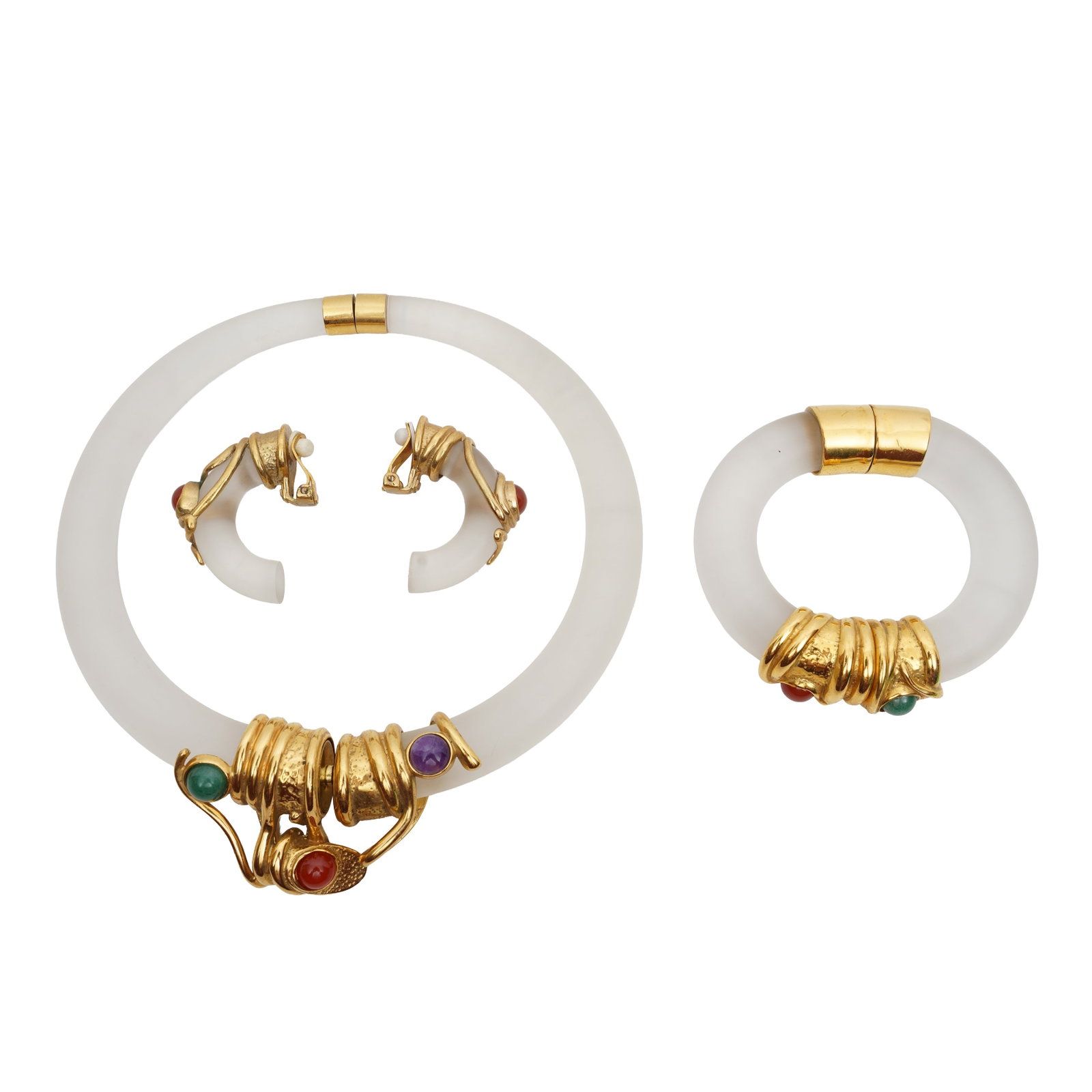 Alexis Bittar Ι A necklace, bracelet and earring suite Yellow metal: Alexis Bittar Ι A necklace, bracelet and earring suite Yellow metal The hinged collar necklace composed of white resin collet-set with multi-gen cabochons including amethyst, aventurine and