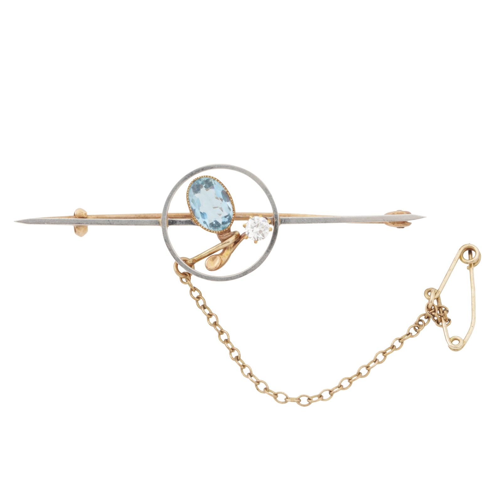 An aquamarine and diamond brooch Yellow and white metal: An aquamarine and diamond brooch Yellow and white metal The bar brooch of polished design, set with an oval-cut aquamarine and a brilliant-cut diamond, in a circular surround, pin and safety catch,
