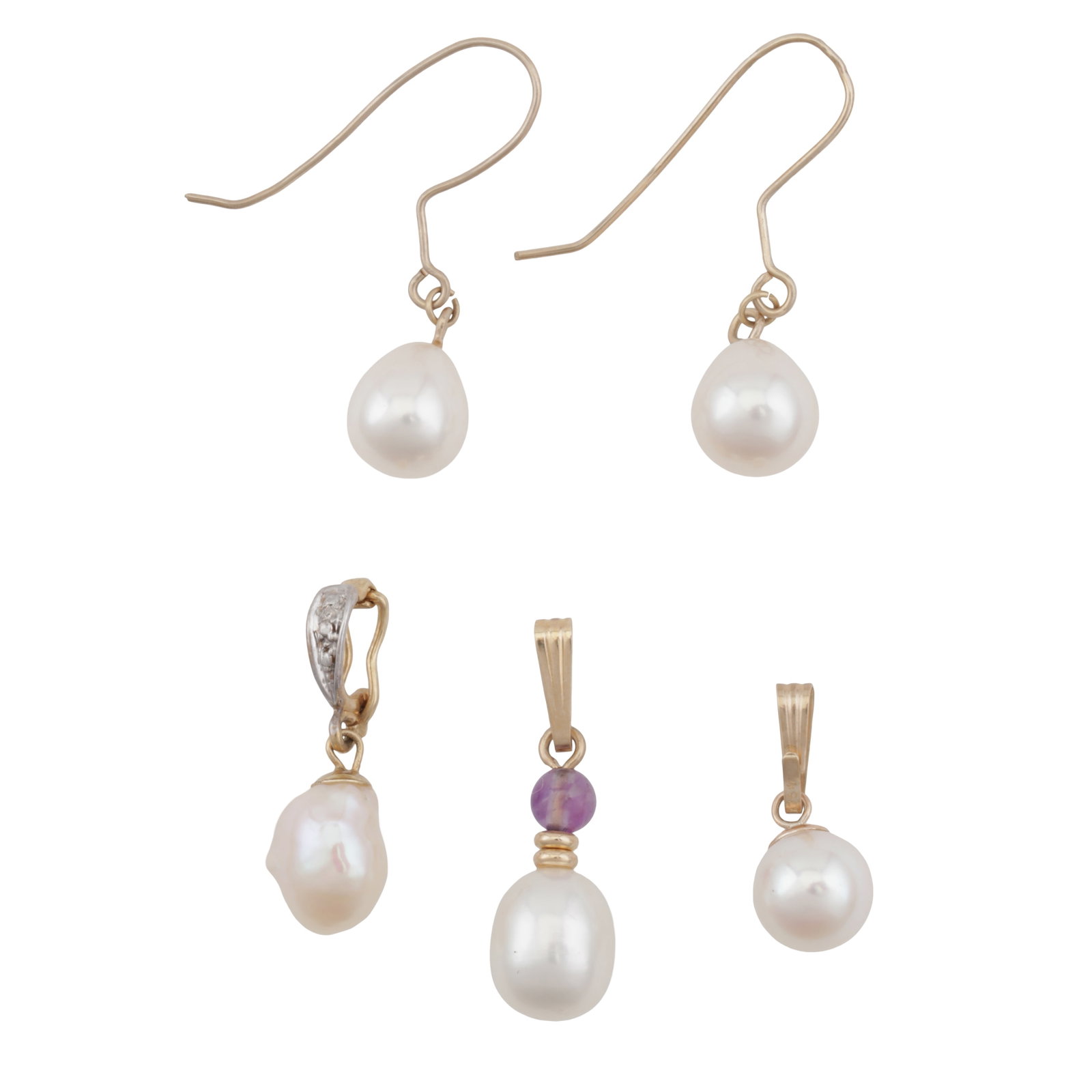 A collection of pearl jewellery Yellow metal: A collection of pearl jewellery Yellow metal Including three pendants and a pair of pendent earrings, all set with cultured pearls of white tint, in yellow metal, some stamped 375; various sizes (4)
