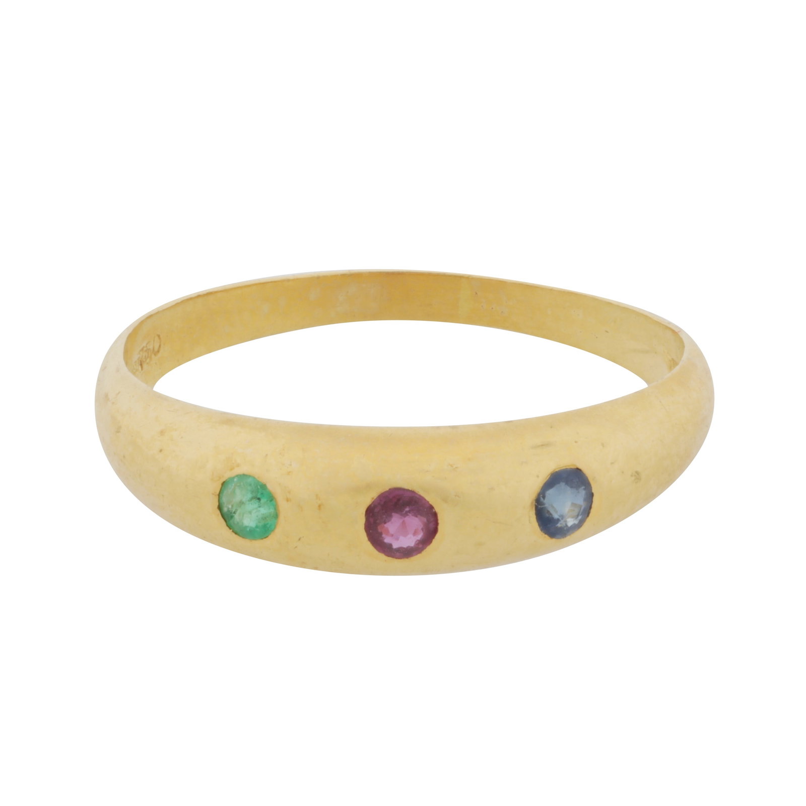 An emerald, ruby and sapphire three stone ring 18ct yellow gold (1 of 3)