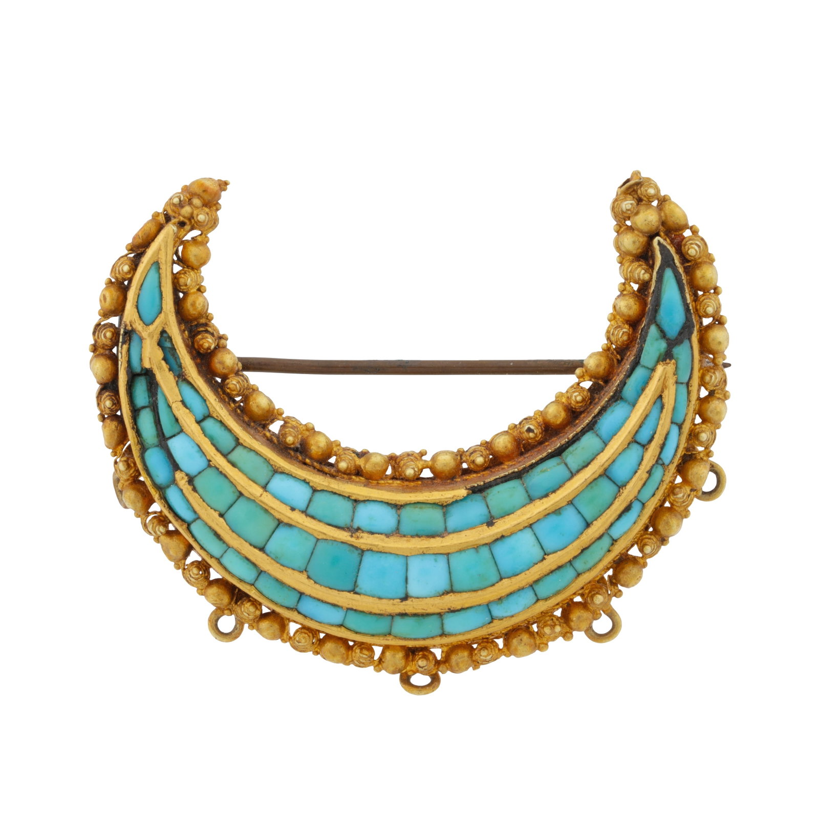 A turquoise crescent brooch / pendant Yellow metal: A turquoise crescent brooch / pendant Yellow metal Set with three rows of graduated turquoise cabochons, to an ornate border of beads and textured motifs, unmarked, length 4.4cm The item has been XRF