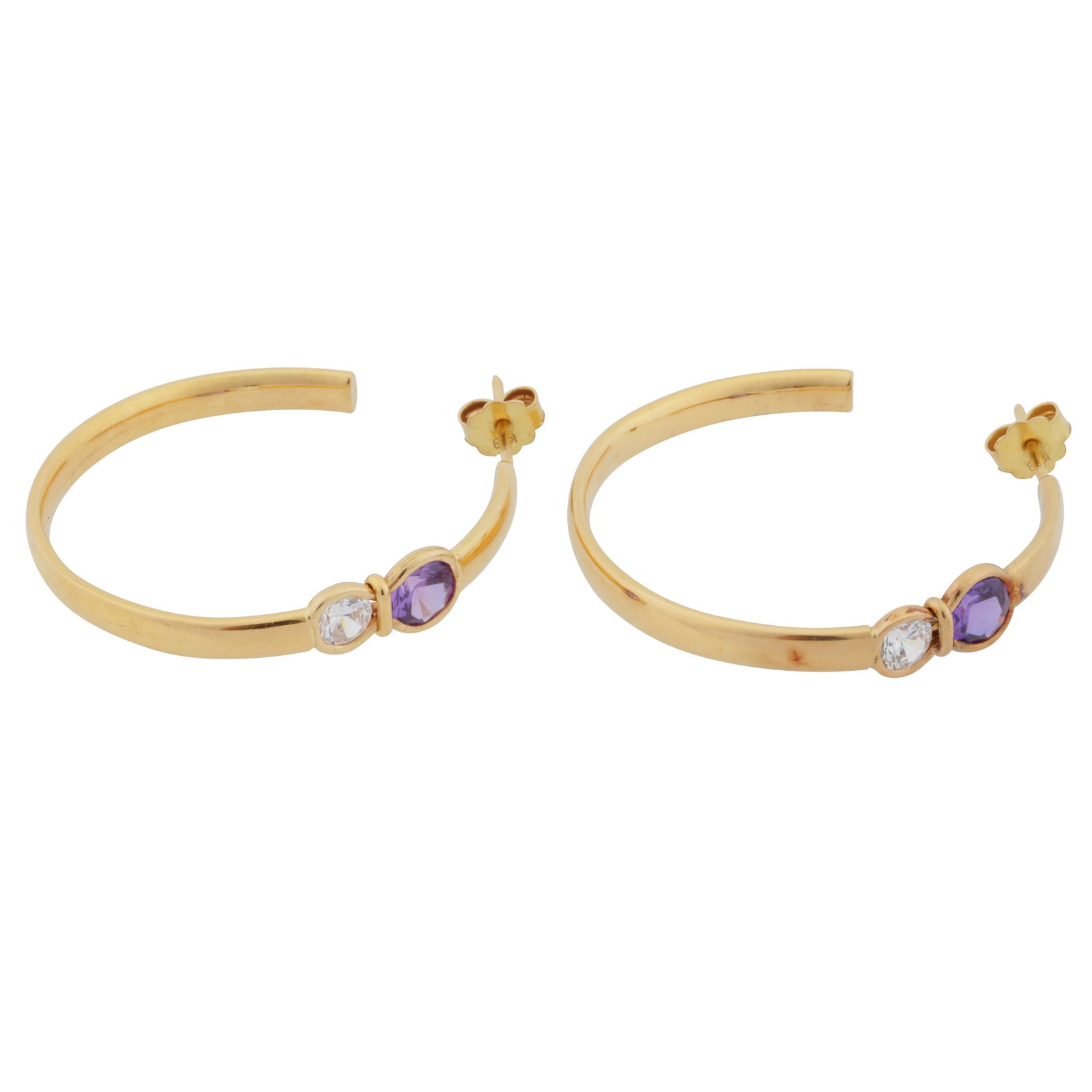 A pair of gem-set hoop earrings Yellow metal: A pair of gem-set hoop earrings Yellow metal Each set with a circular-cut amethyst and cubic zirconia, to a polished yellow mount, post fittings, butterflies stamped 18k, length 3.8cm The item has