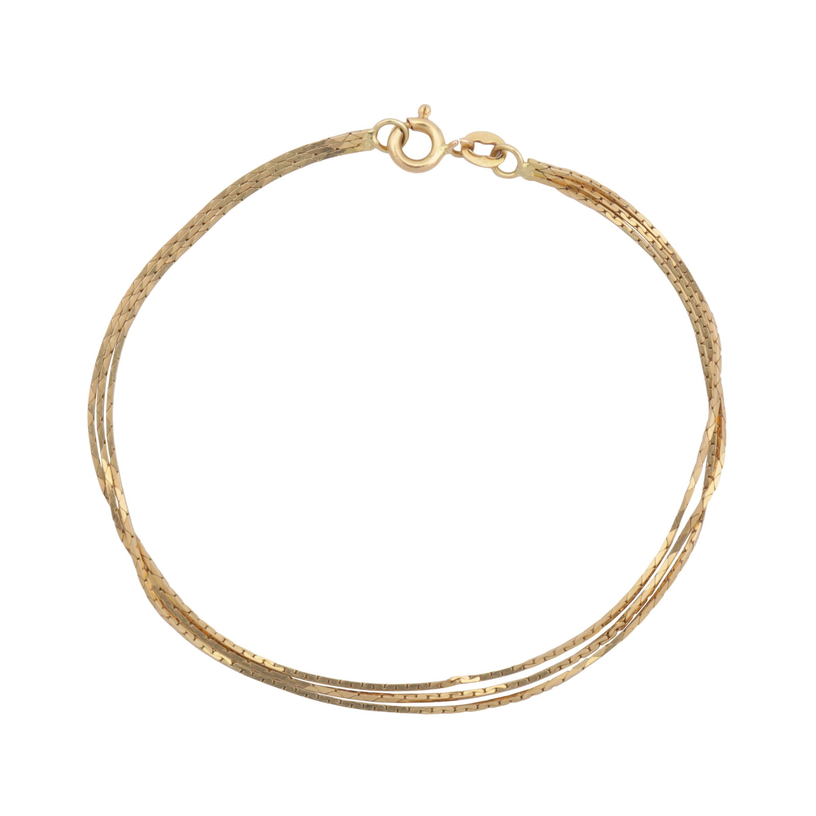 A three strand herringbone chain bracelet 18ct yellow gold: A three strand herringbone chain bracelet 18ct yellow gold Of polished design, bolt ring clasp, maker's mark, Italian assay mark, length 18.7cm