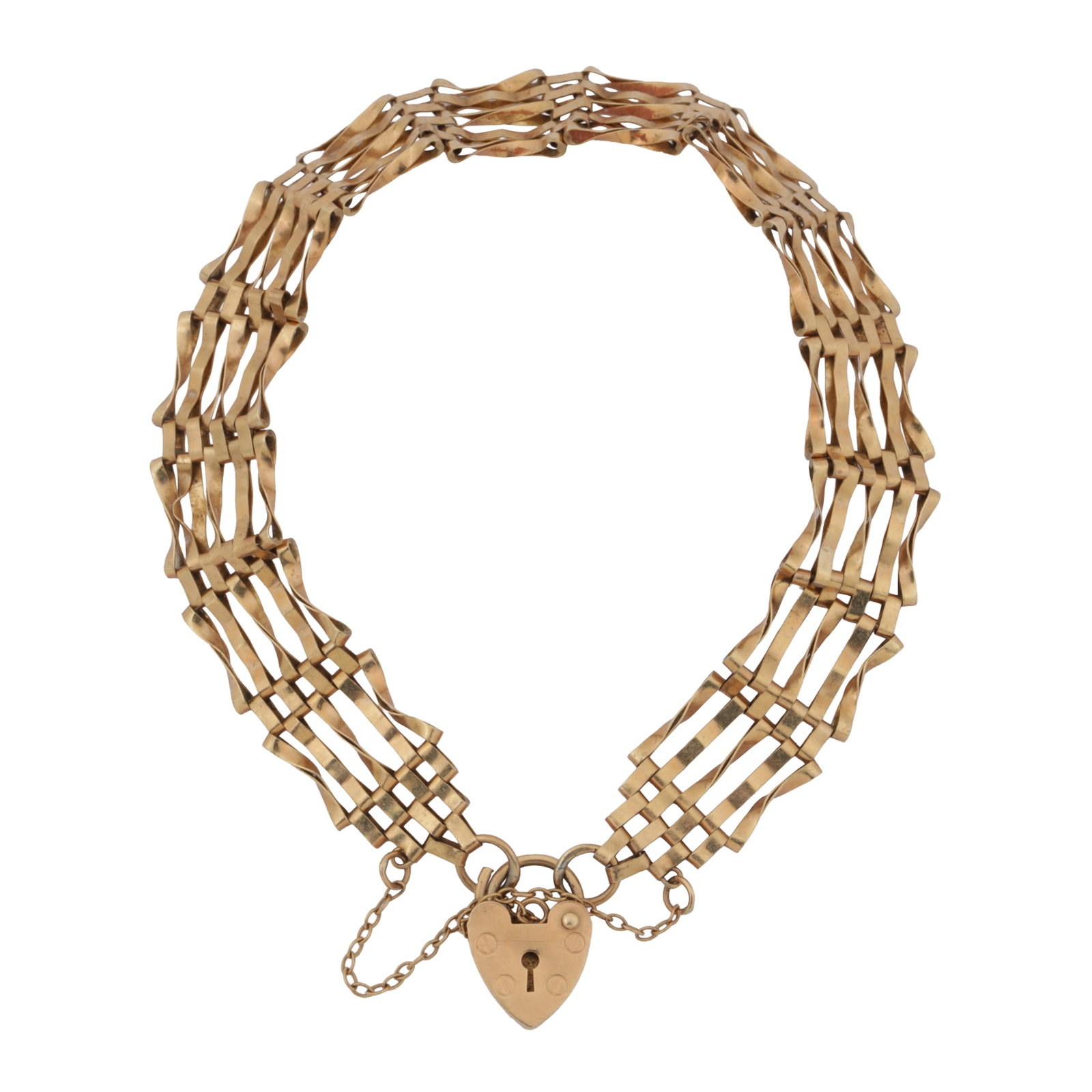 A gate bracelet 9 carat yellow gold: A gate bracelet 9 carat yellow gold Of polished finish, to a heart padlock, mounted in 9ct gold, maker's mark, UK hallmark on the padlock, length 18.0cm