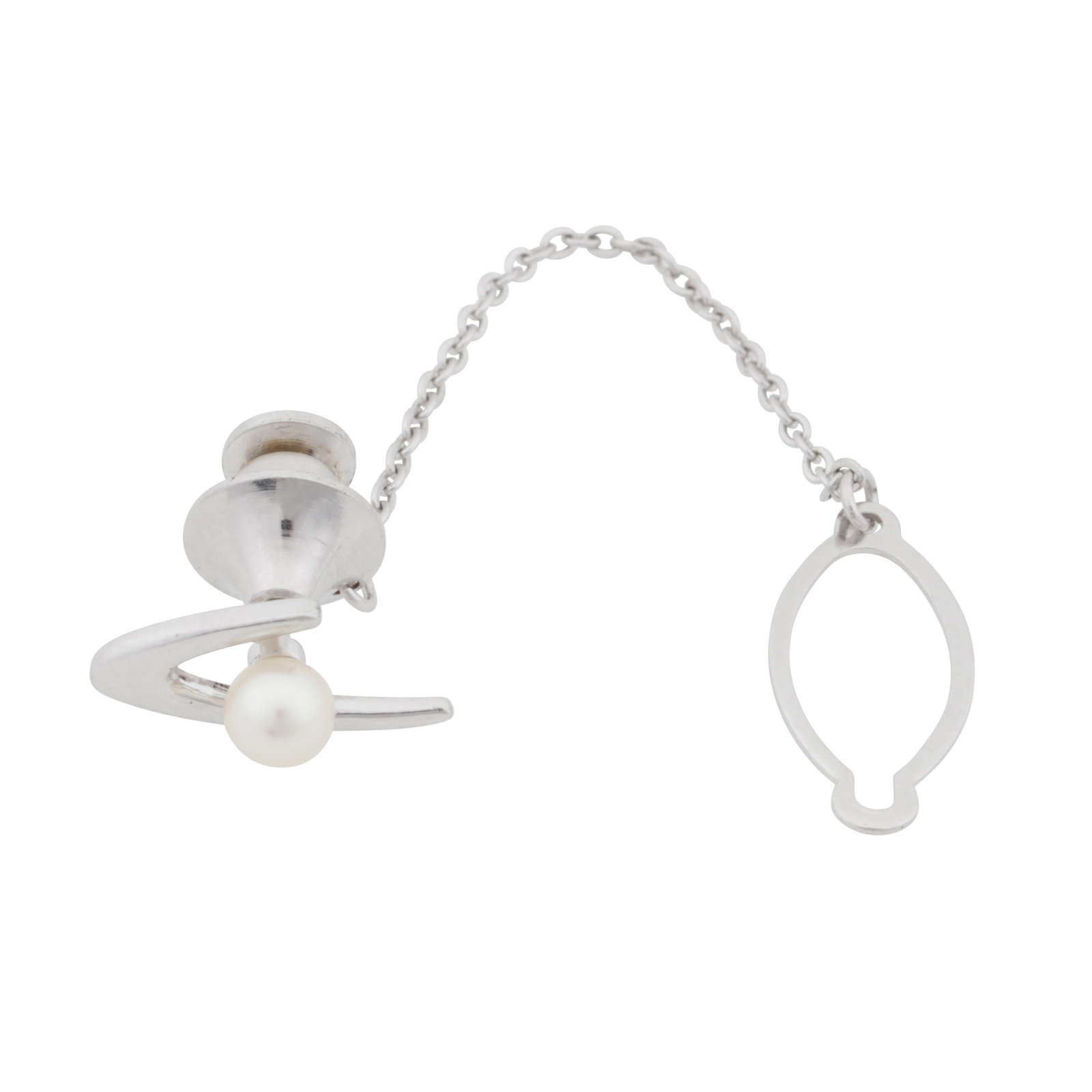 Mikimoto Ι A cultured pearl tie pin White metal: Mikimoto Ι A cultured pearl tie pin White metal Set with a 4.8mm cultured pearl of white tint, to a white metal mount, maker's mark, stamped S, length 1.8cm