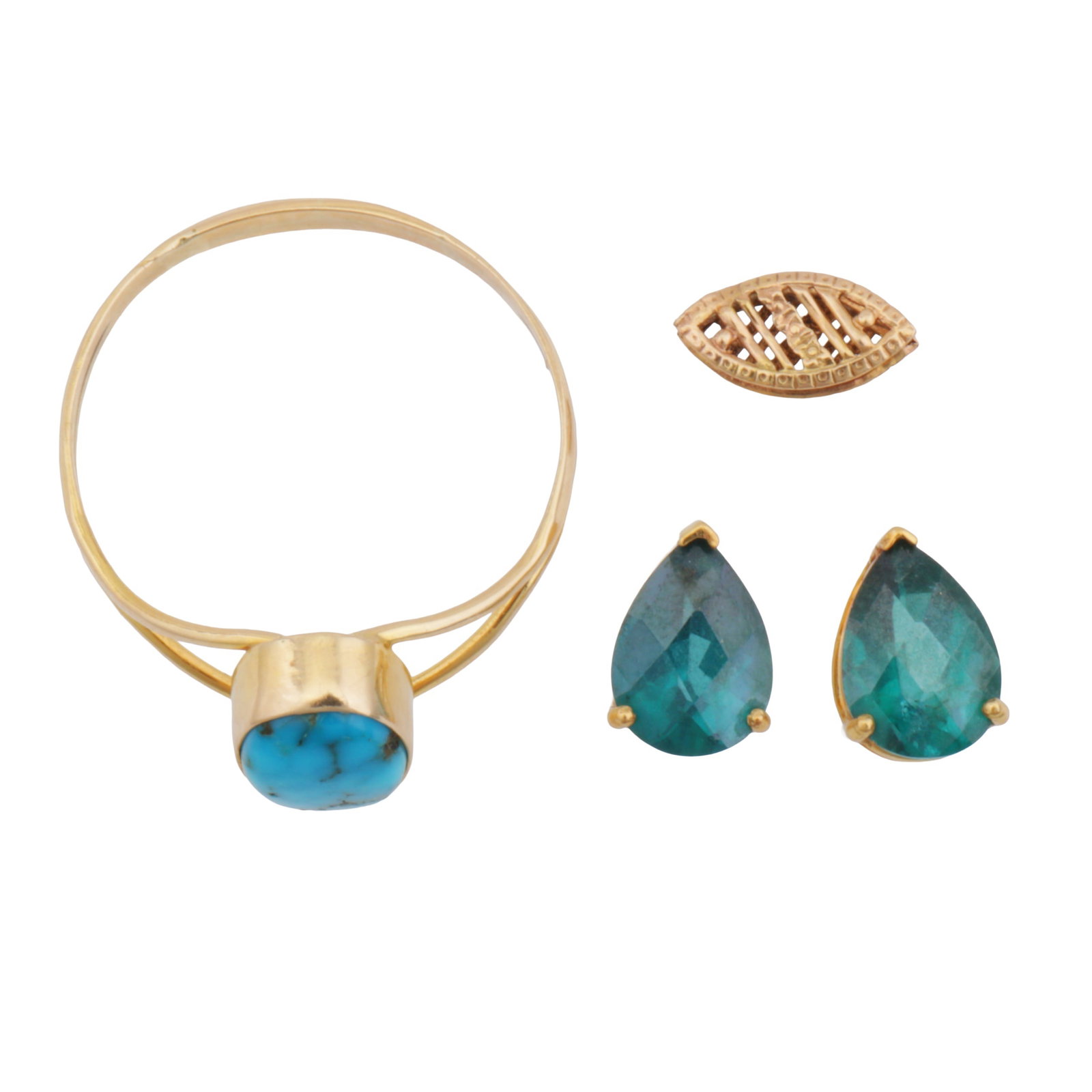 A collection of jewellery Yellow metal: A collection of jewellery Yellow metal To include a turquoise ring with bifurcated shoulders, size Y½, a pair of gem-set stud earrings (one back missing), and a lozenge clasp, all unmarked (3)