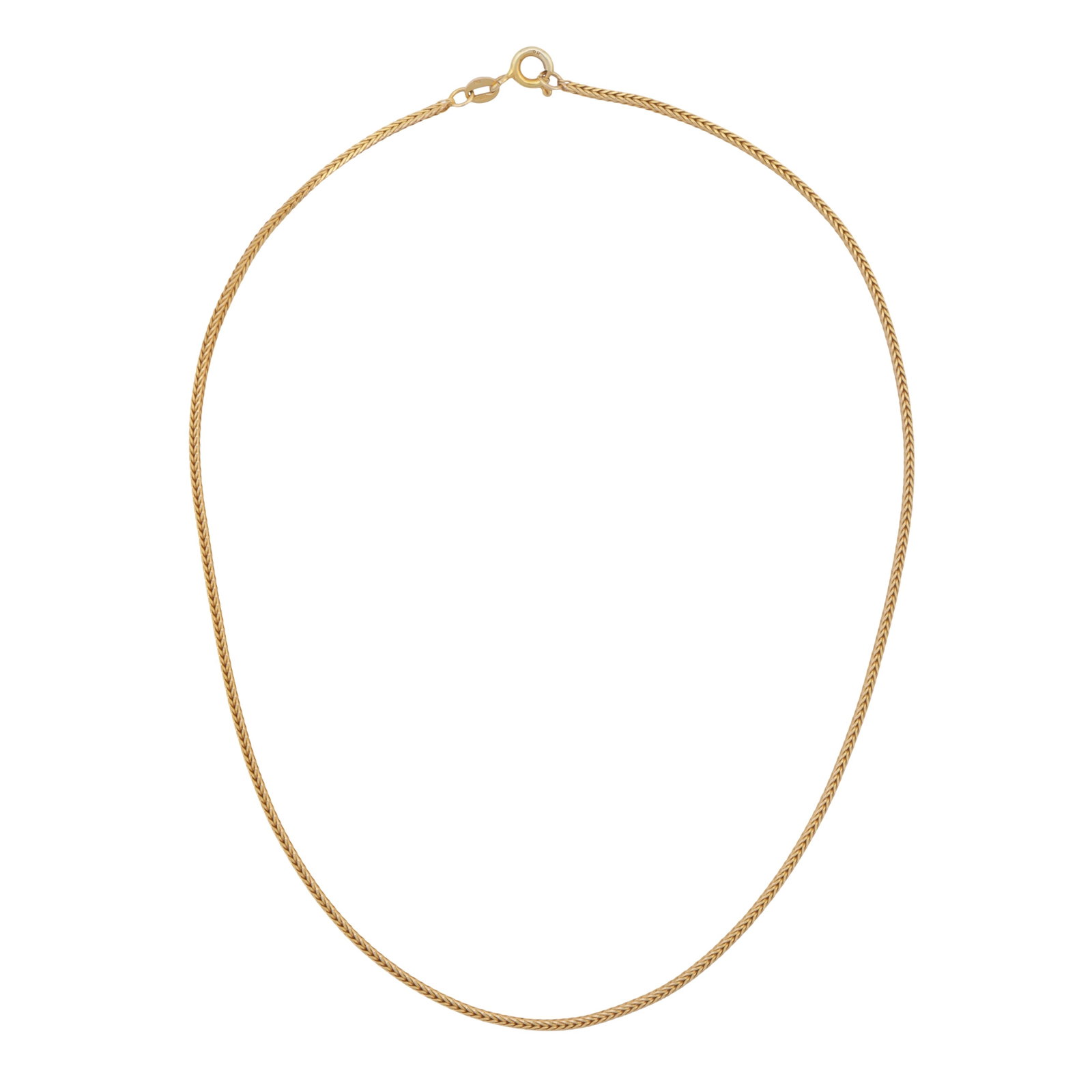 A wheat chain necklace 9ct yellow gold: A wheat chain necklace 9ct yellow gold Of polished design, bolt ring clasp, maker's mark, UK hallmark, length 37.5cm