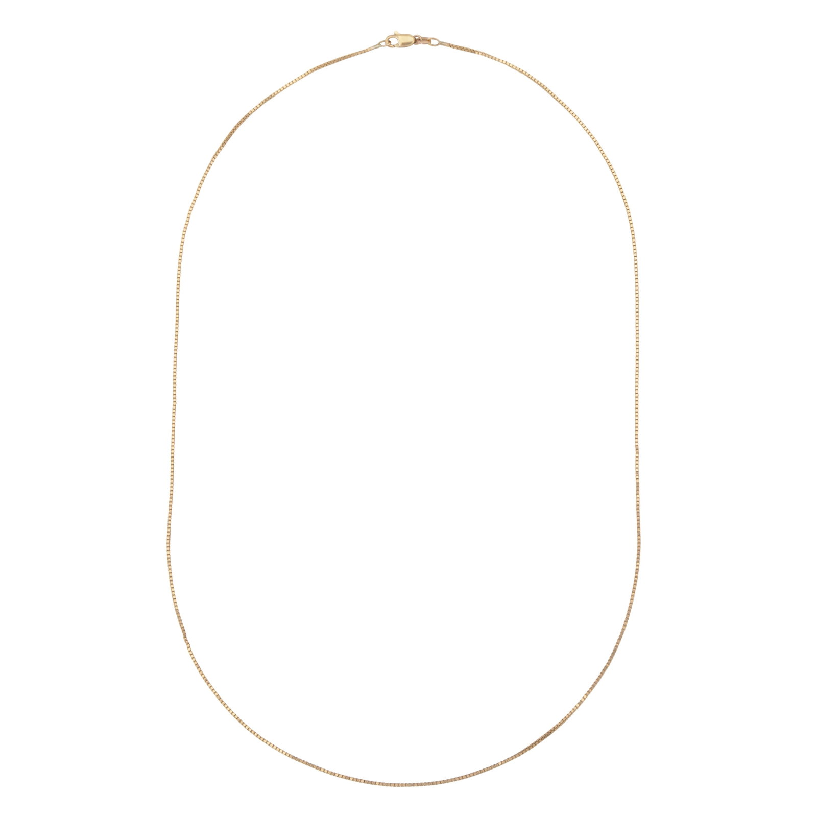 A box link chain necklace 9ct yellow gold: A box link chain necklace 9ct yellow gold Of polished design, bolt ring clasp, maker's mark, UK import mark, length 69.5cm