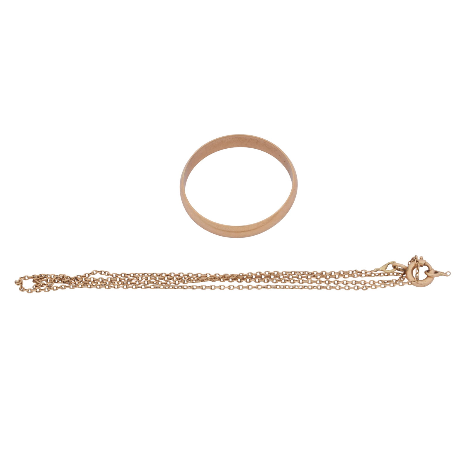 A band ring together with a chain Yellow metal: A band ring together with a chain Yellow metal The 4.1mm band, to polished finish, set in yellow metal, Hungarian assay mark, ring size Y; together with a cable-link chain, set in yellow metal,