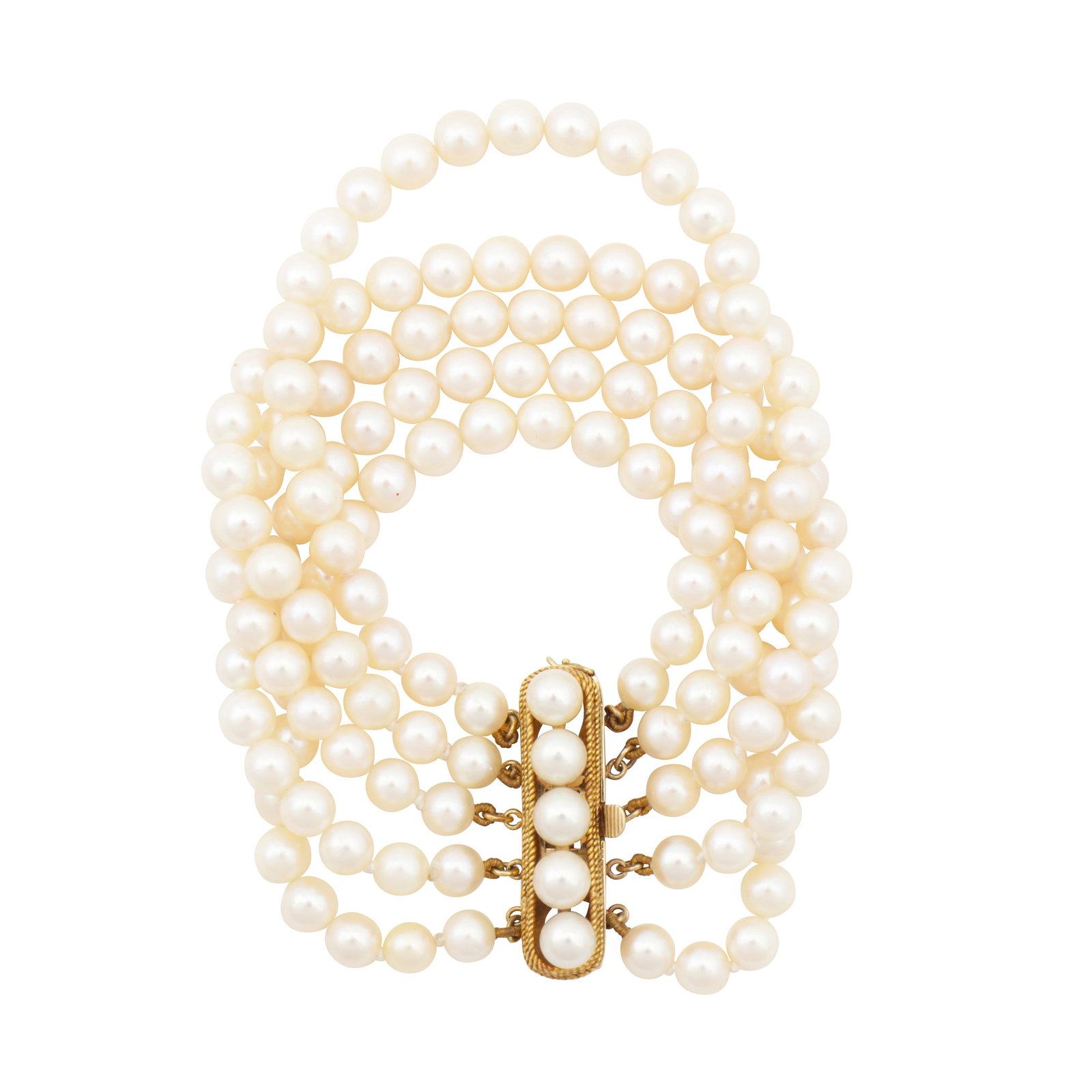 A five strand pearl bracelet Yellow metal: A five strand pearl bracelet Yellow metal Set with 5.3-5.9mm cultured pearls, to a push clasp set in yellow metal stamped k14, length 18.0cm