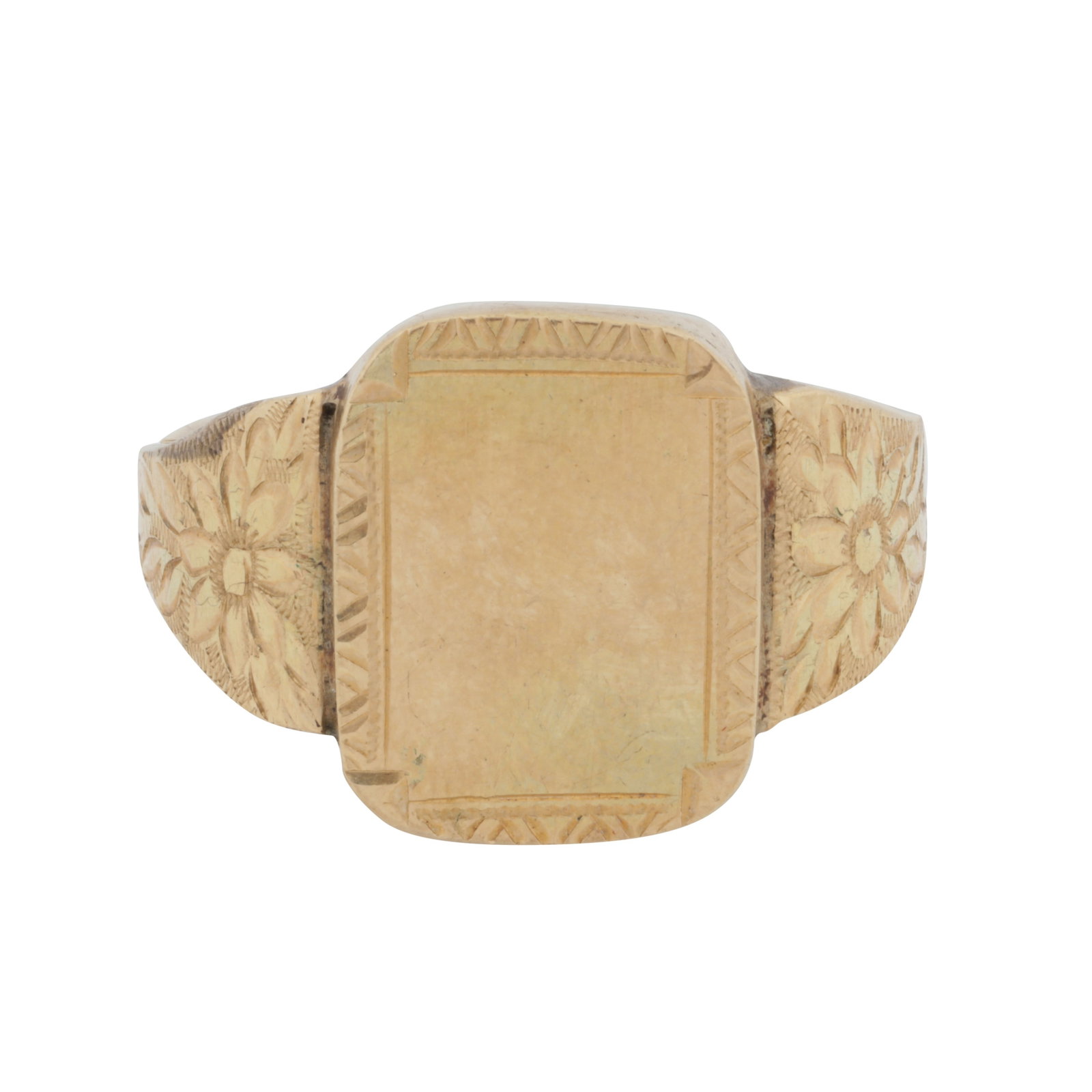 A signet ring Yellow metal: A signet ring Yellow metal Of rectangular shape, of polished finish, to engraved detailing, set in yellow metal, unmarked, ring size Z¼ The item has been XRF tested and found to be 14ct gold.