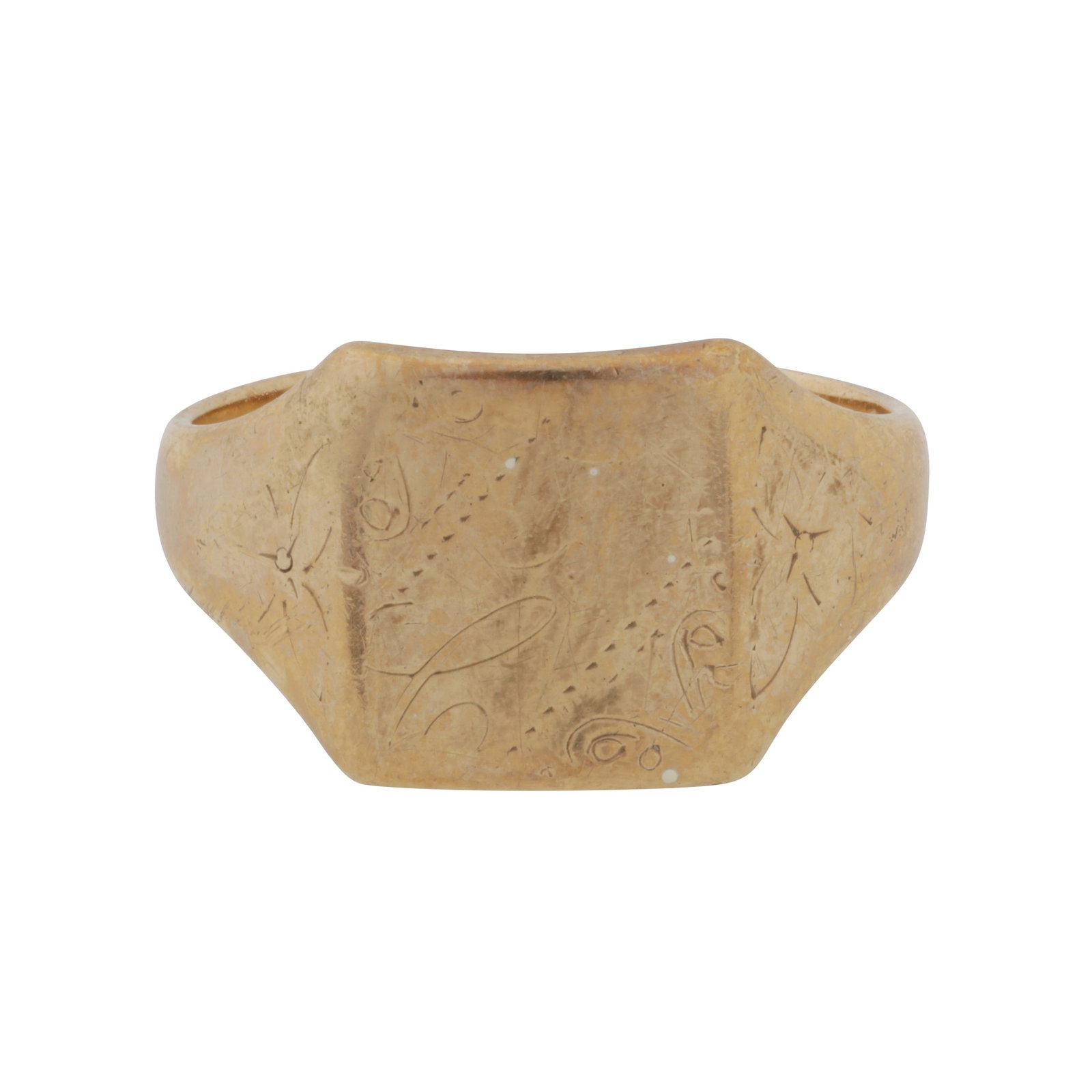 A signet ring 9ct yellow gold: A signet ring 9ct yellow gold Of square design, partially visible engraving, to tapered shoulders, UK hallmark, size P