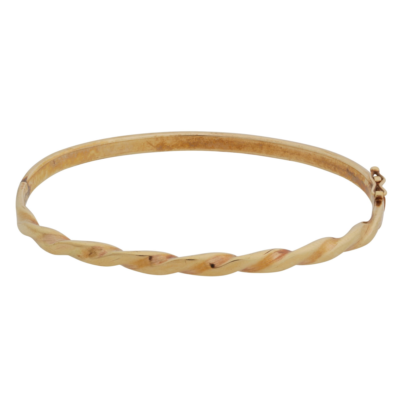 A rope twist bangle 9ct yellow gold: A rope twist bangle 9ct yellow gold Of hinged and polished design, box clasp and safety catch, maker's mark, UK imprt mark, inner diameter 6.0cm