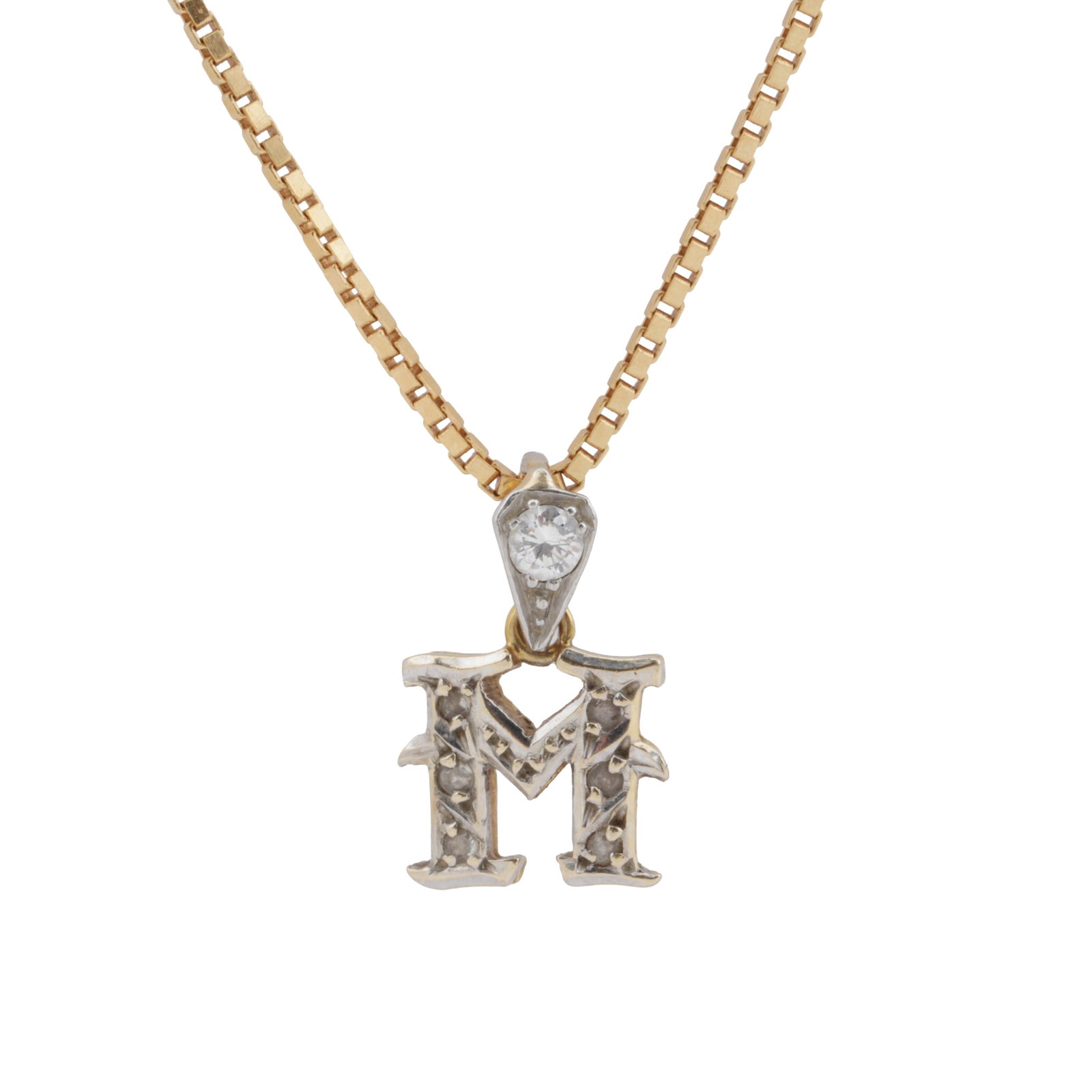 A pendant M necklace Yellow and white metal: A pendant M necklace Yellow and white metal The box chain suspending a diamond-set M pendant, set in bi-colur metal, clasp stamped 750, length 51.0cm