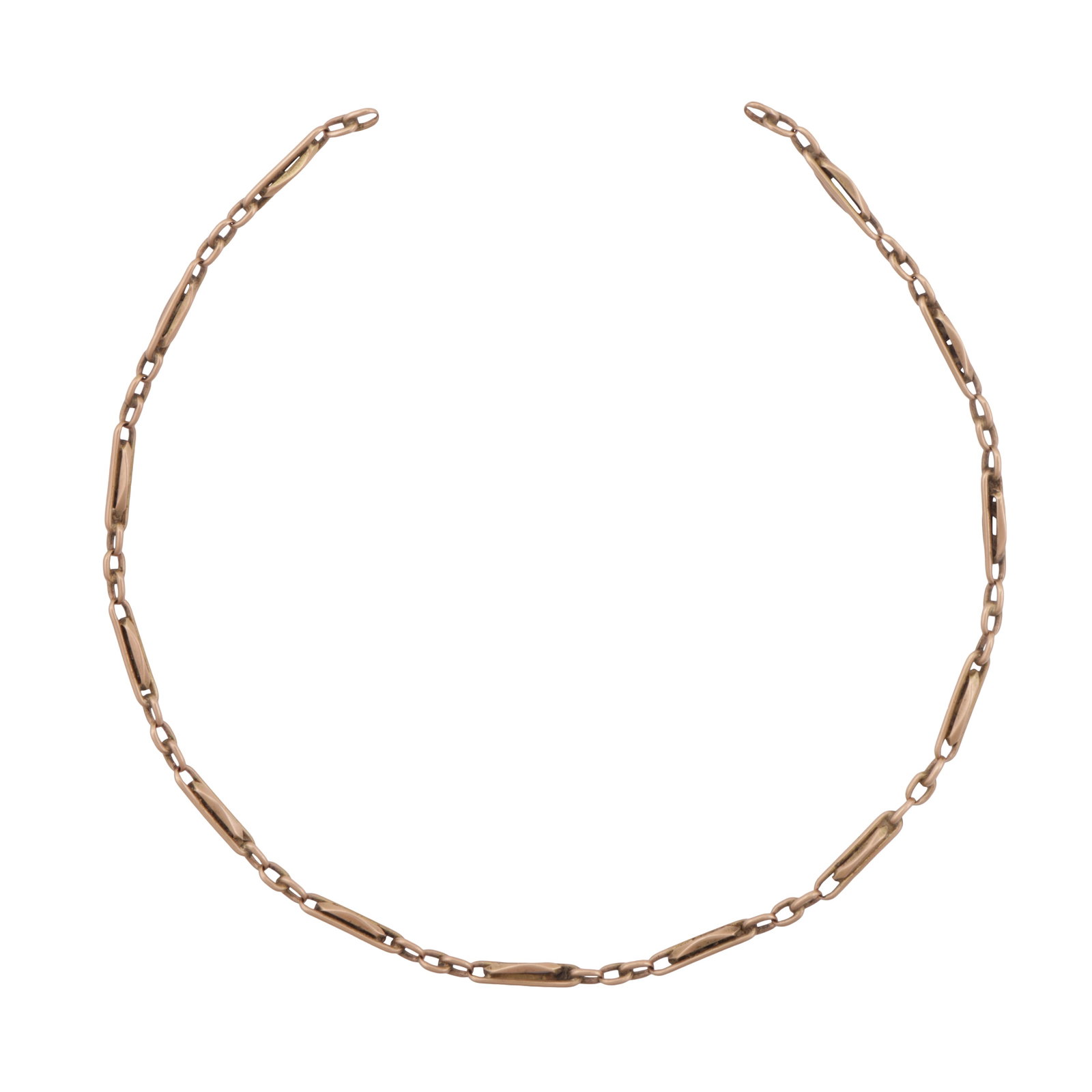 A fancy-link chain Yellow metal: A fancy-link chain Yellow metal Designed with elongated pierced bar links, set in yellow metal, clasp deficient, unmarked, length 28.8cm The item has been XRF tested and found to be 14ct gold