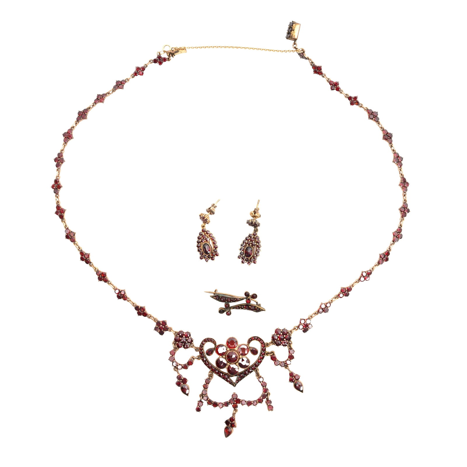A garnet necklace, earrings, and brooch suite Yellow metal: A garnet necklace, earrings, and brooch suite Yellow metal The necklace composed of clusters and swags set throughout with rose-cut, circular-cut, and pear-shaped garnets, together with a pair of