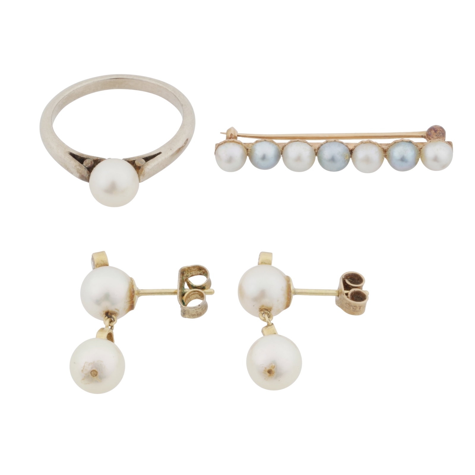 A collection of cultured pearl jewellery Yellow and white metal: A collection of cultured pearl jewellery Yellow and white metal Including a bar brooch; a pair of pendent earrings and a ring; set in yellow and white metal with 4.1-6.3mm cultured pearls of white and