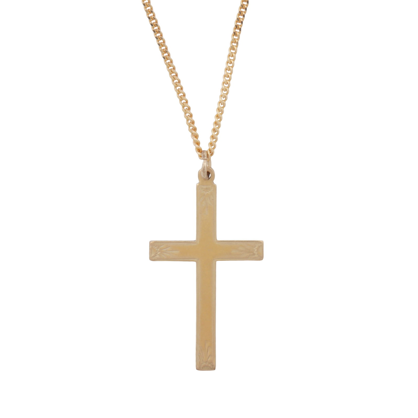 A cross pendant necklace Yellow metal: A cross pendant necklace Yellow metal The cross pendant engraved on one side, suspended to a curb link chain necklace, bolt ring clasp, maker's mark, chain stamped Unoaerre 375 with UK hallmark,