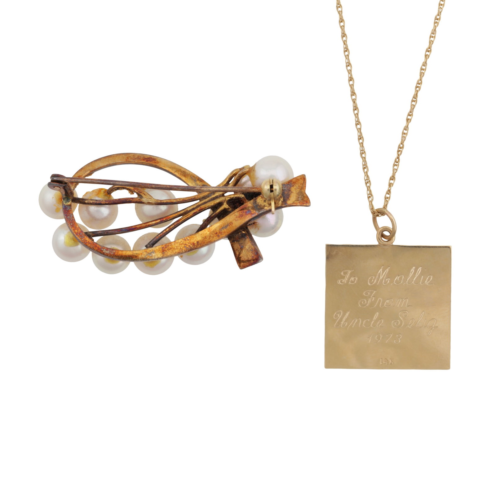 A pendant necklace and a pearl brooch Yellow metal - 2