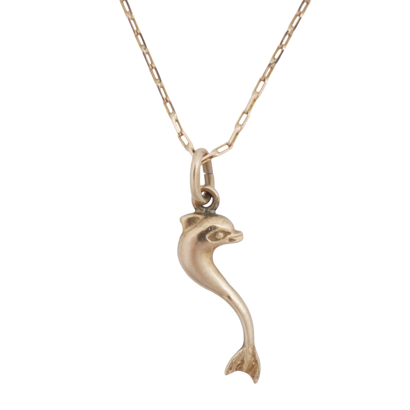 A dolphin pendant necklace Yellow metal: A dolphin pendant necklace Yellow metal The pendant of polished design, suspended to a cable link chain necklace, bolt ring clasp, stamped 585, lengths: pendant 2.5cm, chain 41.0cm