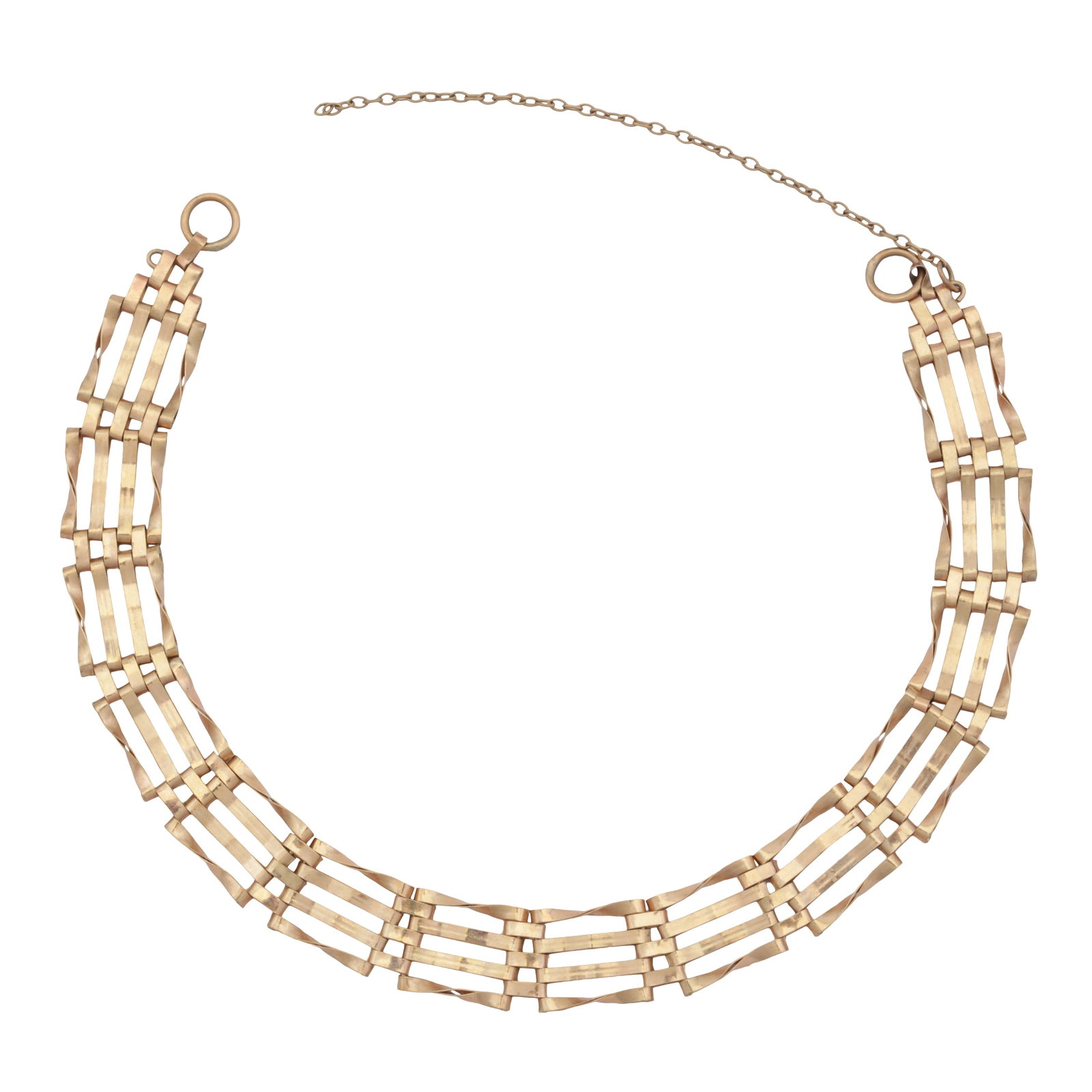 A gate bracelet Yellow metal: A gate bracelet Yellow metal Of polished and articulated design, safety chain (missing clasp), stamped 375, length 18.5cm