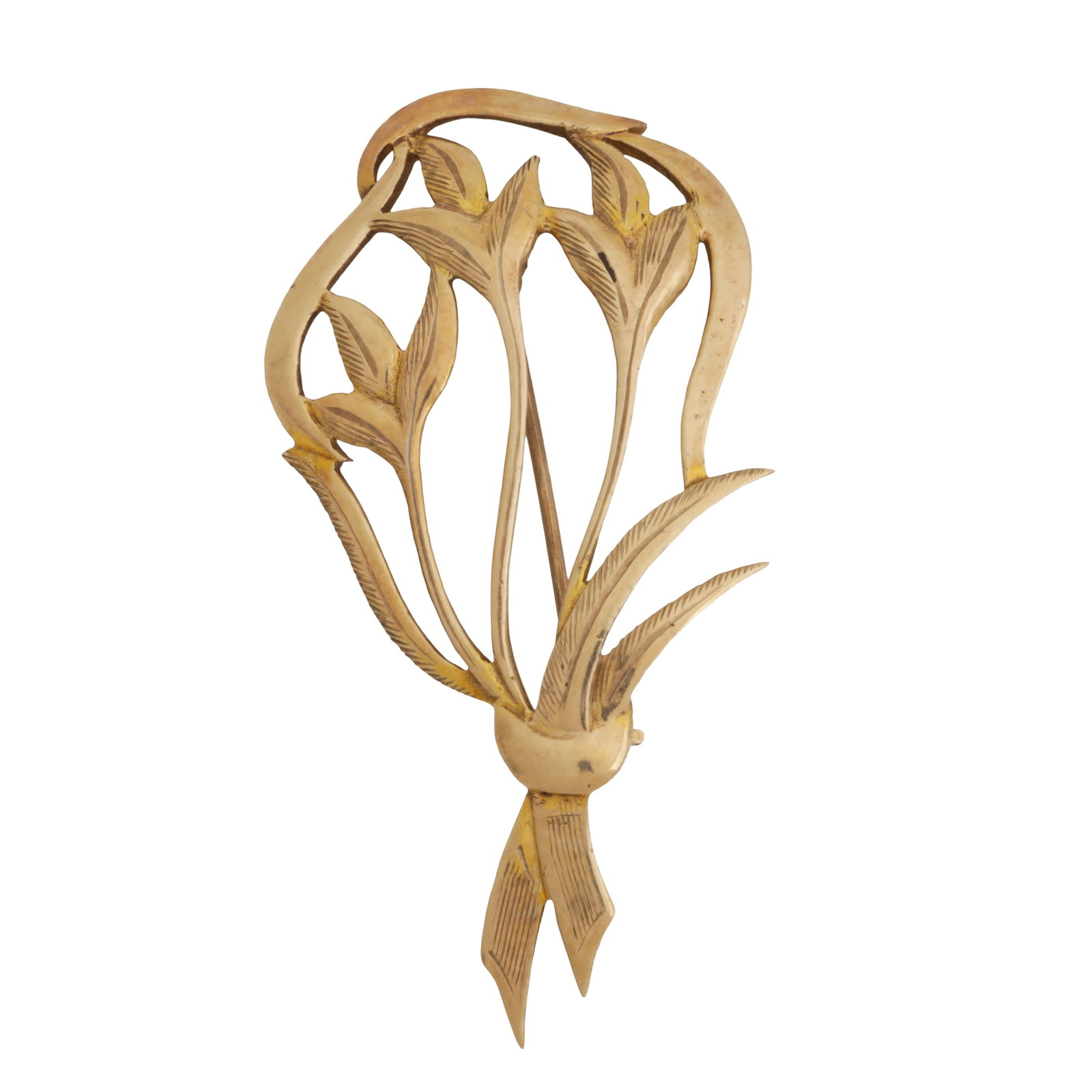 A flower brooch 9ct yellow gold: A flower brooch 9ct yellow gold Of openwork and polished design, featuring a trio of flowers, pin and catch, maker's mark, UK hallmark, length 4.7cm