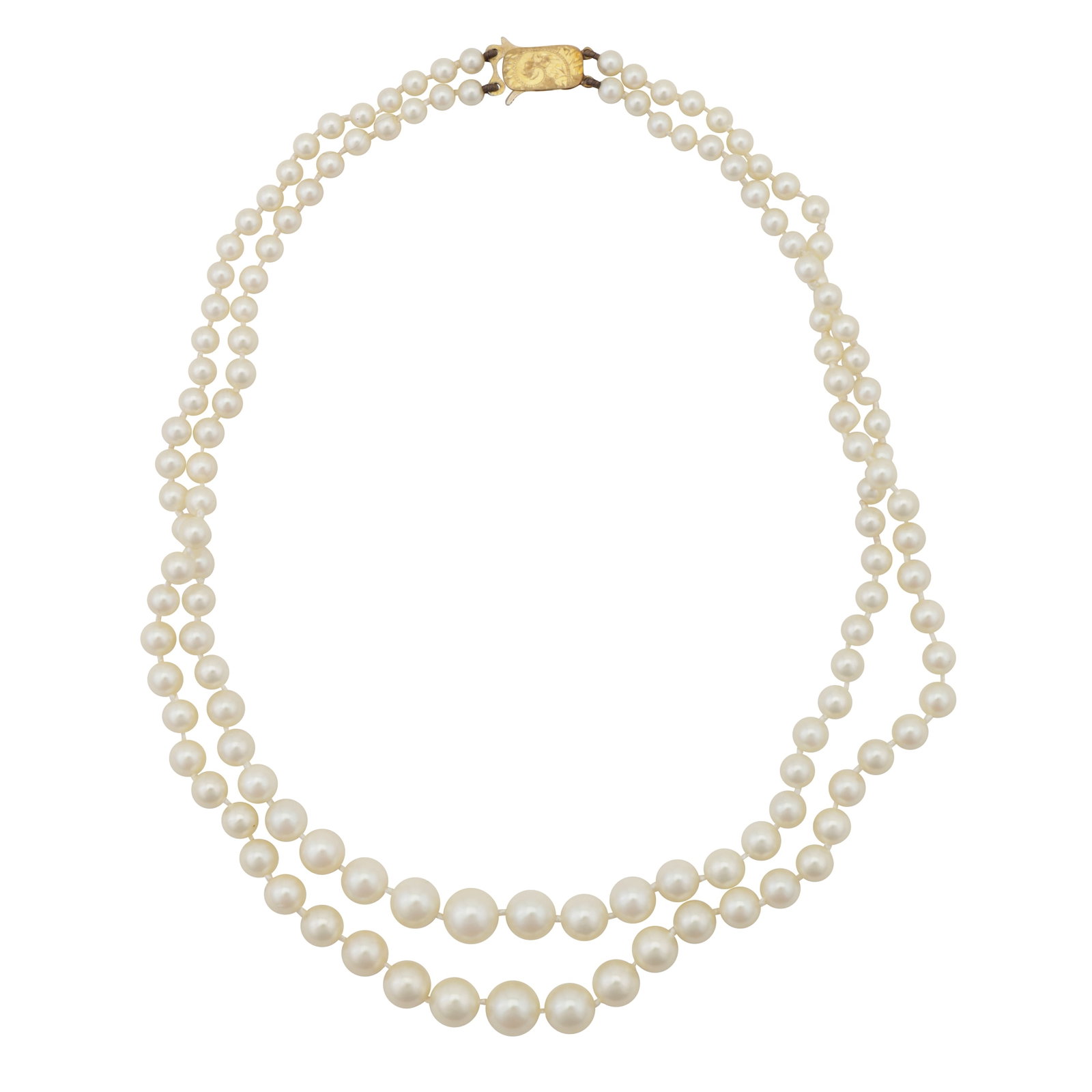 A double strand pearl necklace, circa 1972 9 carat yellow gold: A double strand pearl necklace, circa 1972 9 carat yellow gold The 4.1-8.9mm cultured pearls to a 9ct gold engraved clasp, maker's mark, UK hallmark, length of the shortest strand 39.0cm