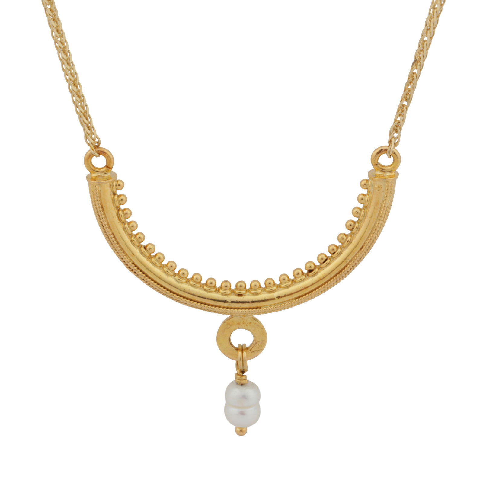 A cultured pearl necklace Yellow metal: A cultured pearl necklace Yellow metal The foxtail chain with a spring ring clasp, suspending a crescent-shaped pendant of granulated design, suspending two half pearls, chain stam