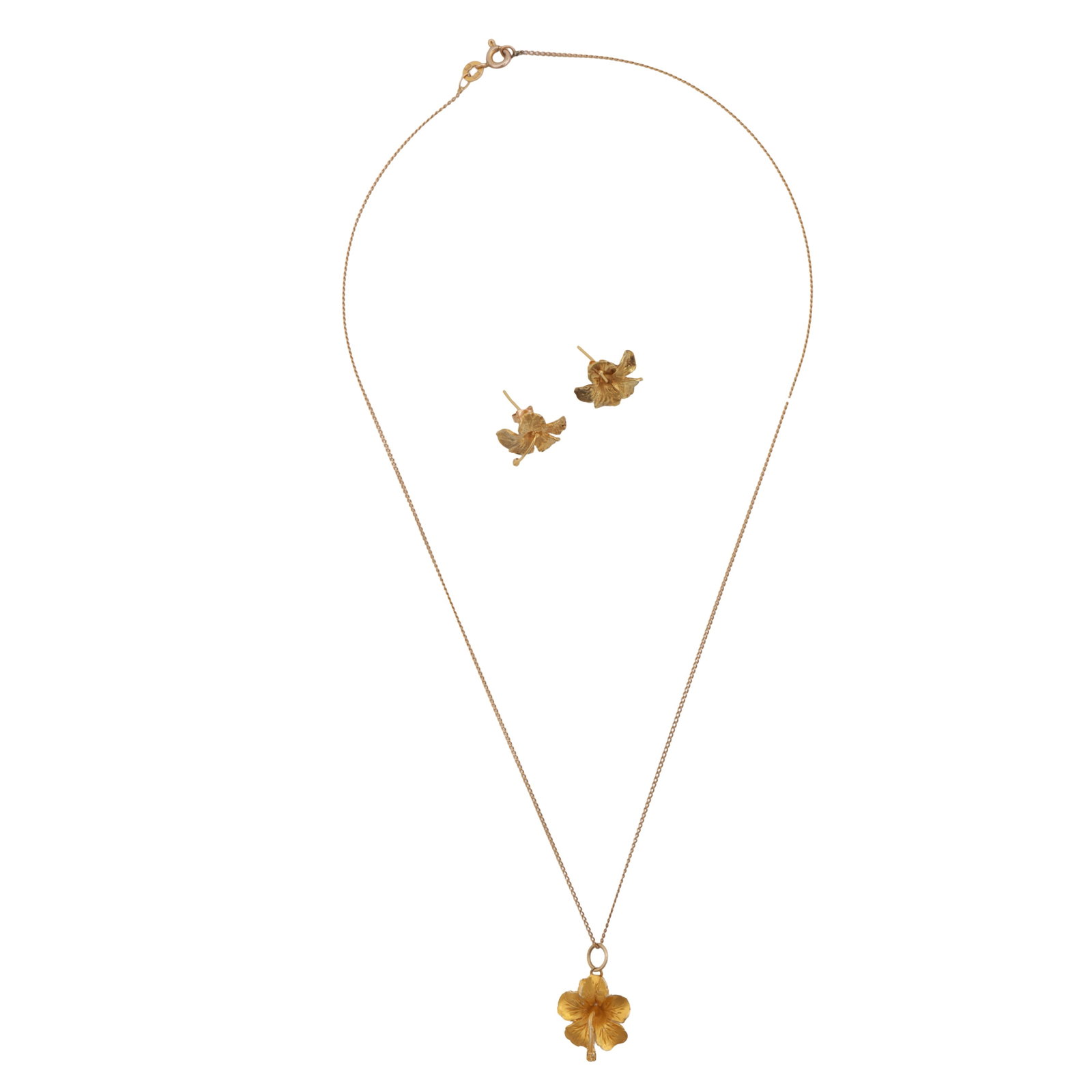 A flower pendant necklace and earrings suite Yellow metal - 2