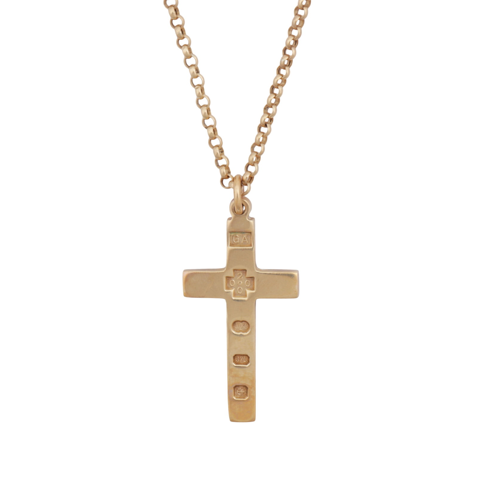 A cross pendant necklace 9ct yellow gold: A cross pendant necklace 9ct yellow gold The cross pendant of polished design, suspending from a rolo-link chain necklace, bolt ring clasp, maker's mark, UK hallmark, UK import mark on chain,